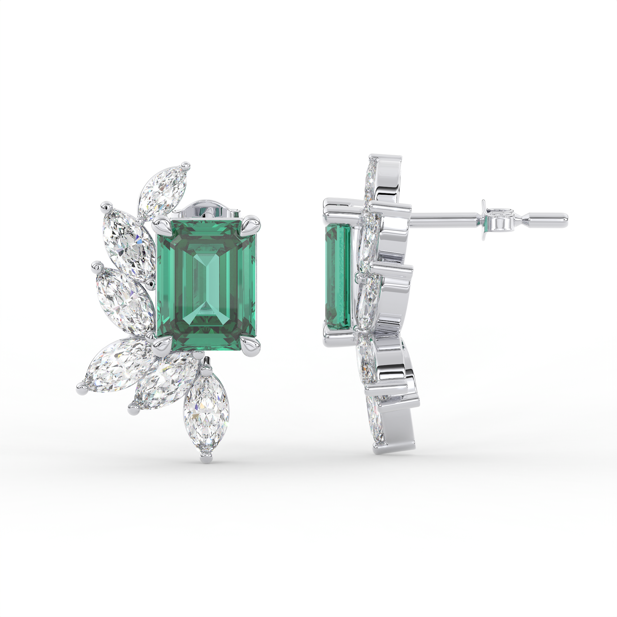 18kt white gold plated marquise and emerald cutFan Setting Earring