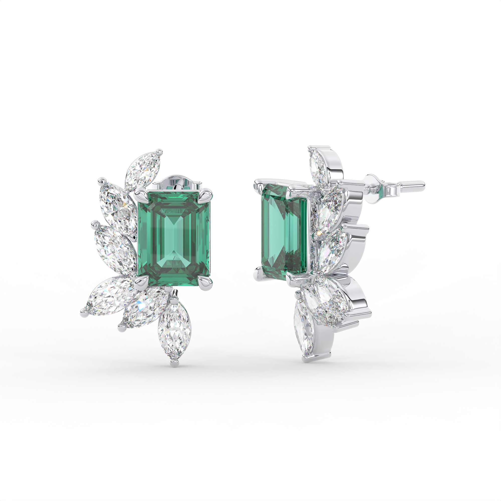 18kt white gold plated marquise and emerald cutFan Setting Earring