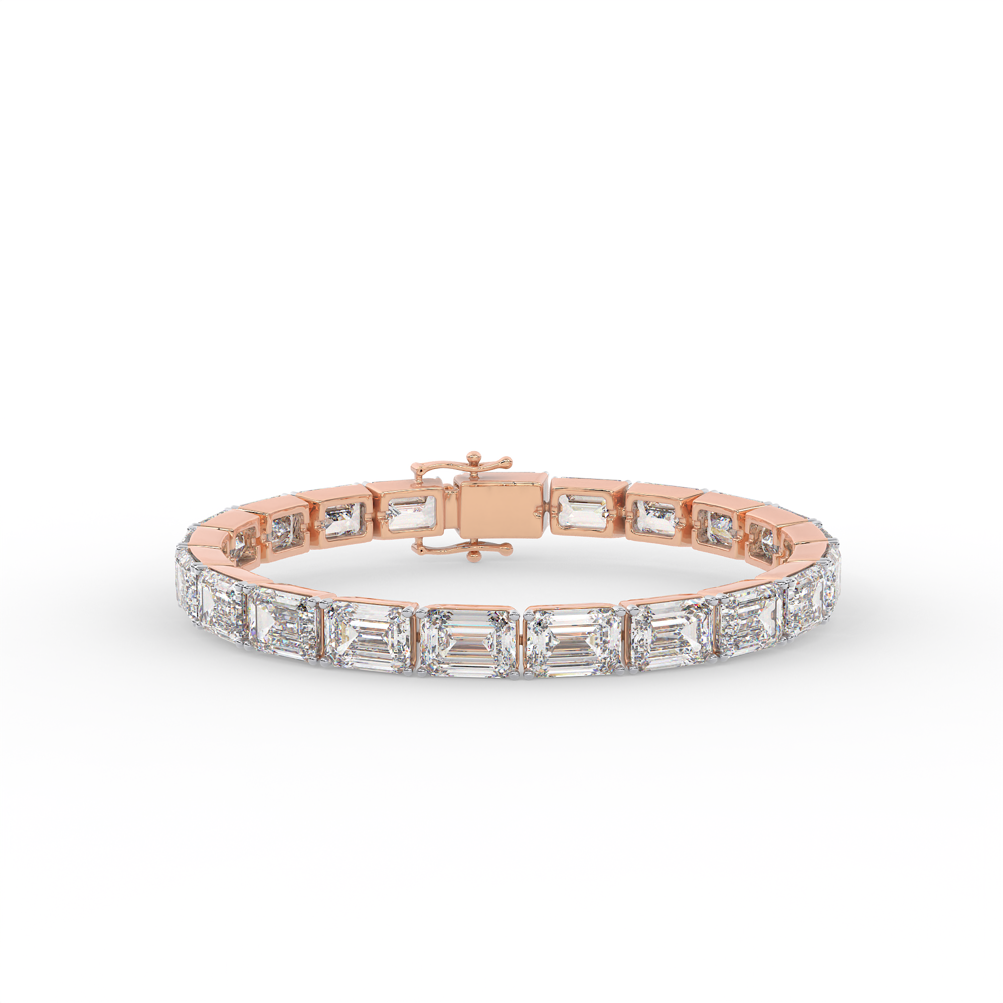 18KT Gold plated tennis bracelet features emerald cut diamonds secured in a bezel setting