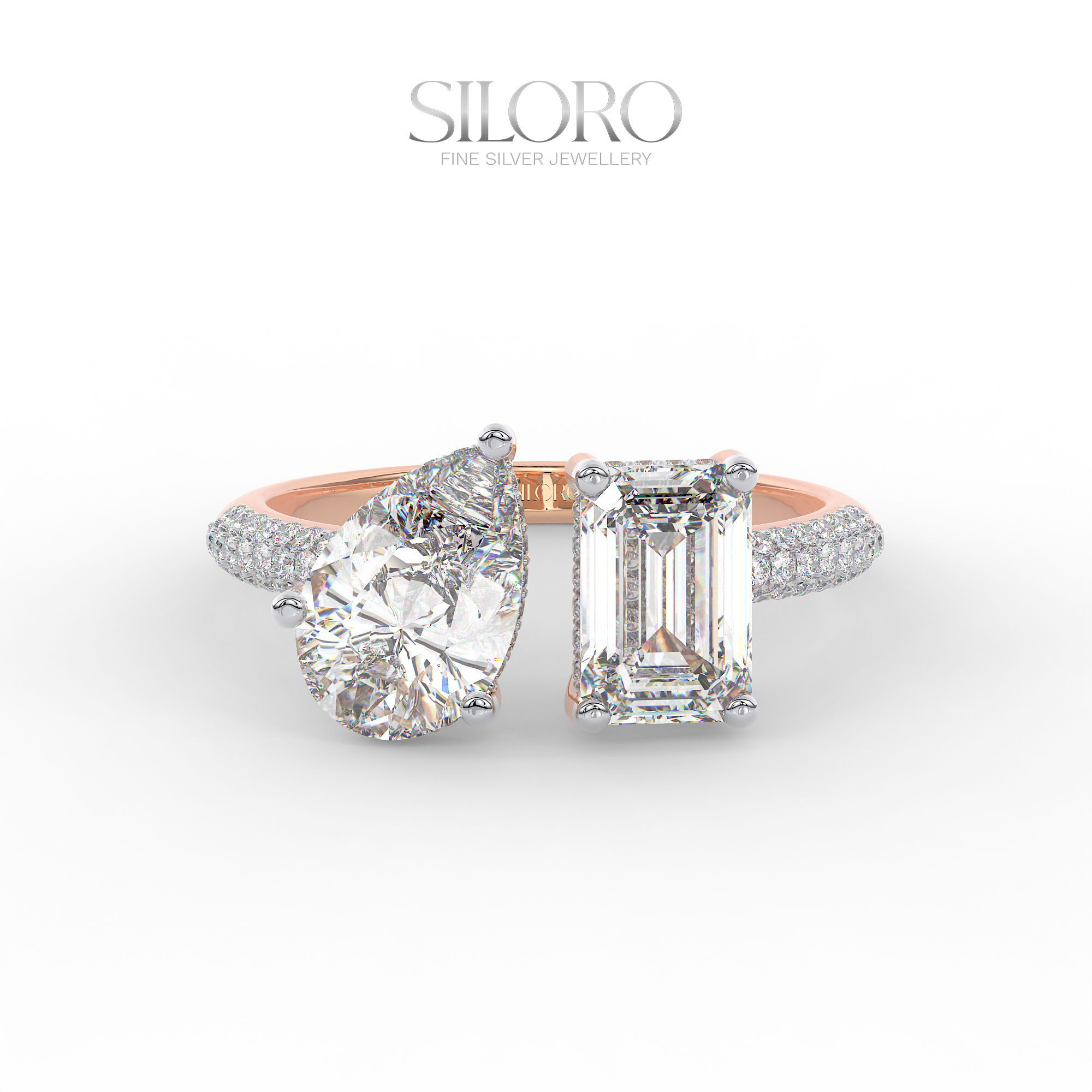 925 Silver Toi Moi moissanite emerald and pear shaped solitaire diamond Ring