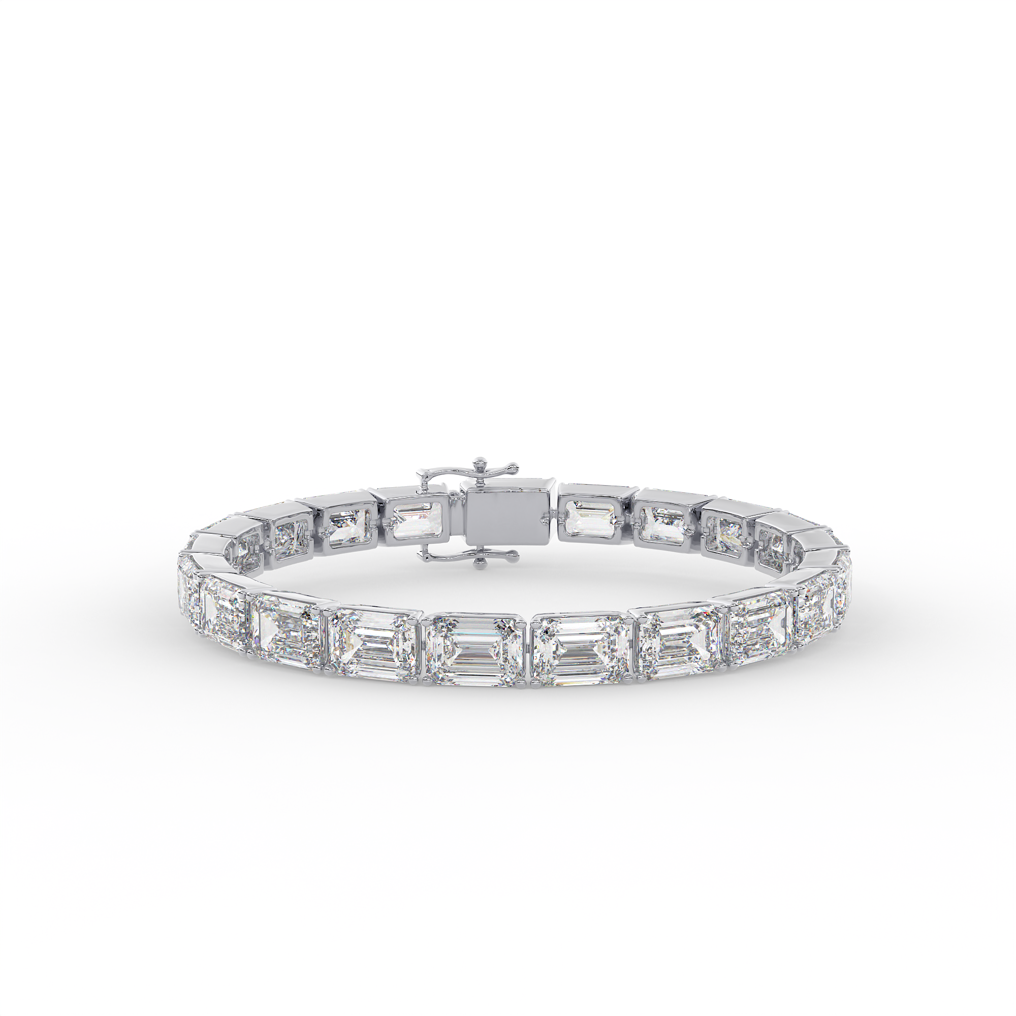 18KT Gold plated tennis bracelet features emerald cut diamonds secured in a bezel setting