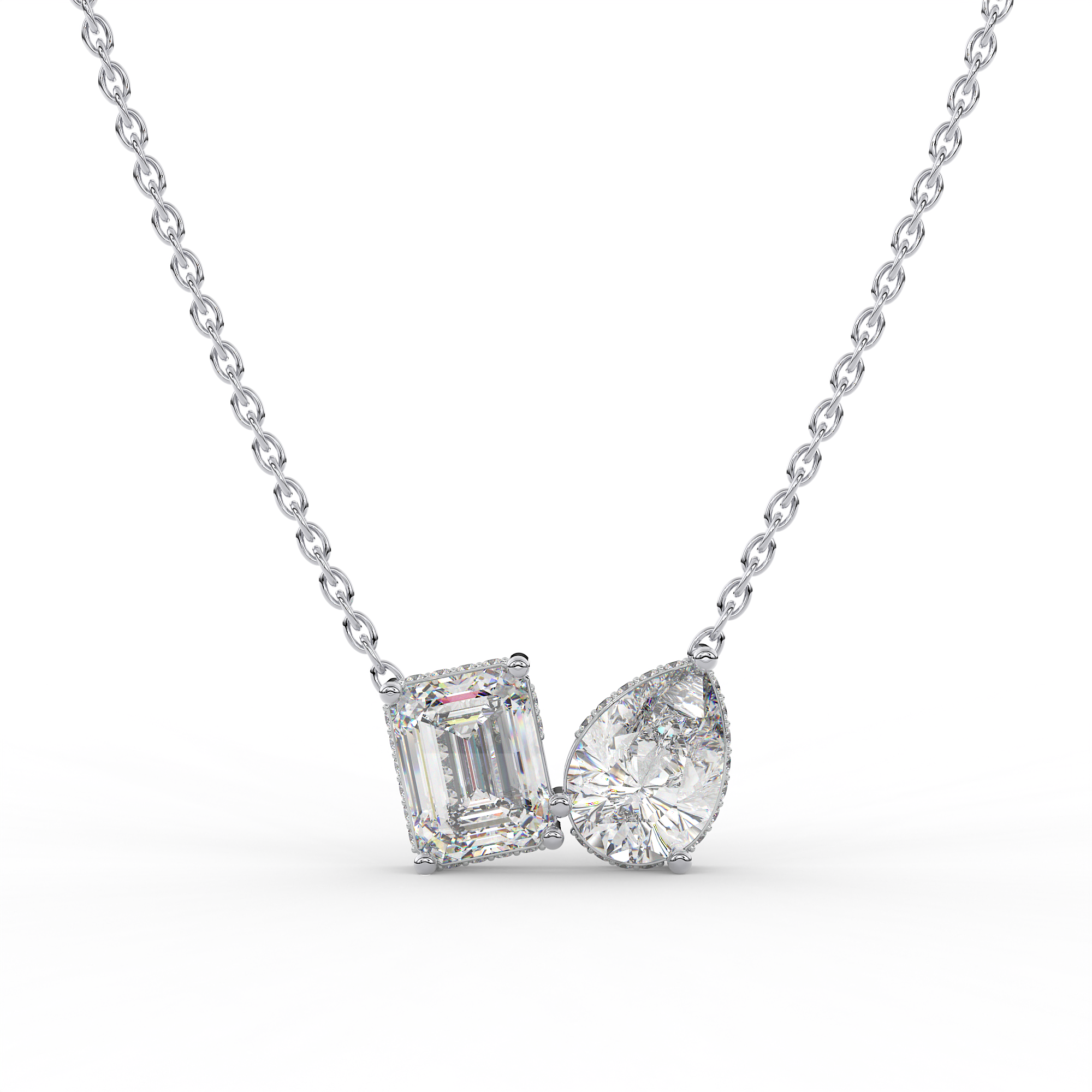 925 Silver Emerald & Pear cut shaped diamond of two-stone pendant