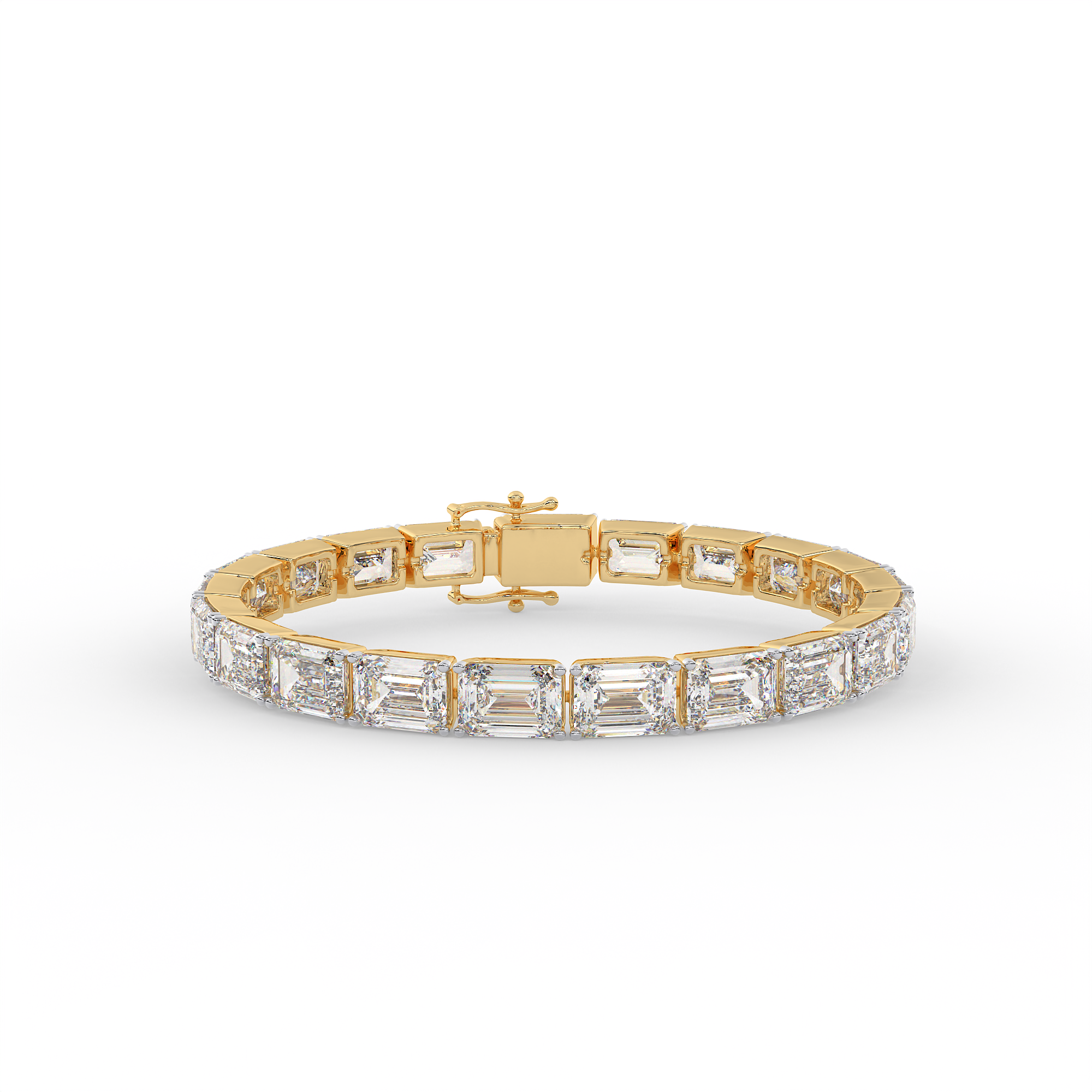 18KT Gold plated tennis bracelet features emerald cut diamonds secured in a bezel setting