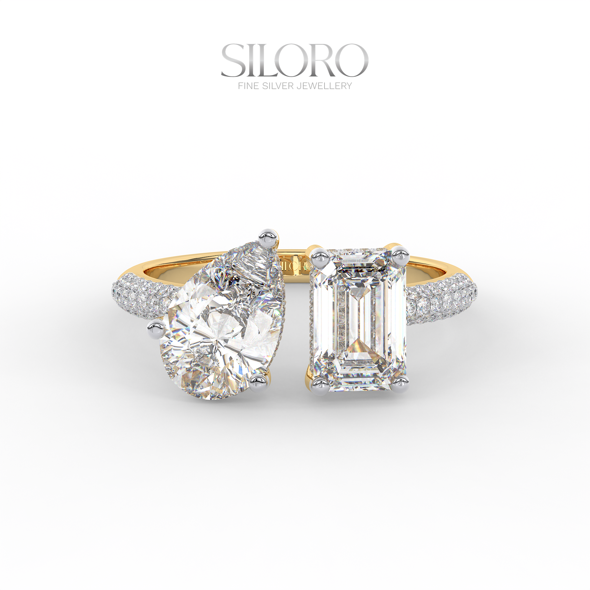 925 Silver Toi Moi moissanite emerald and pear shaped solitaire diamond Ring