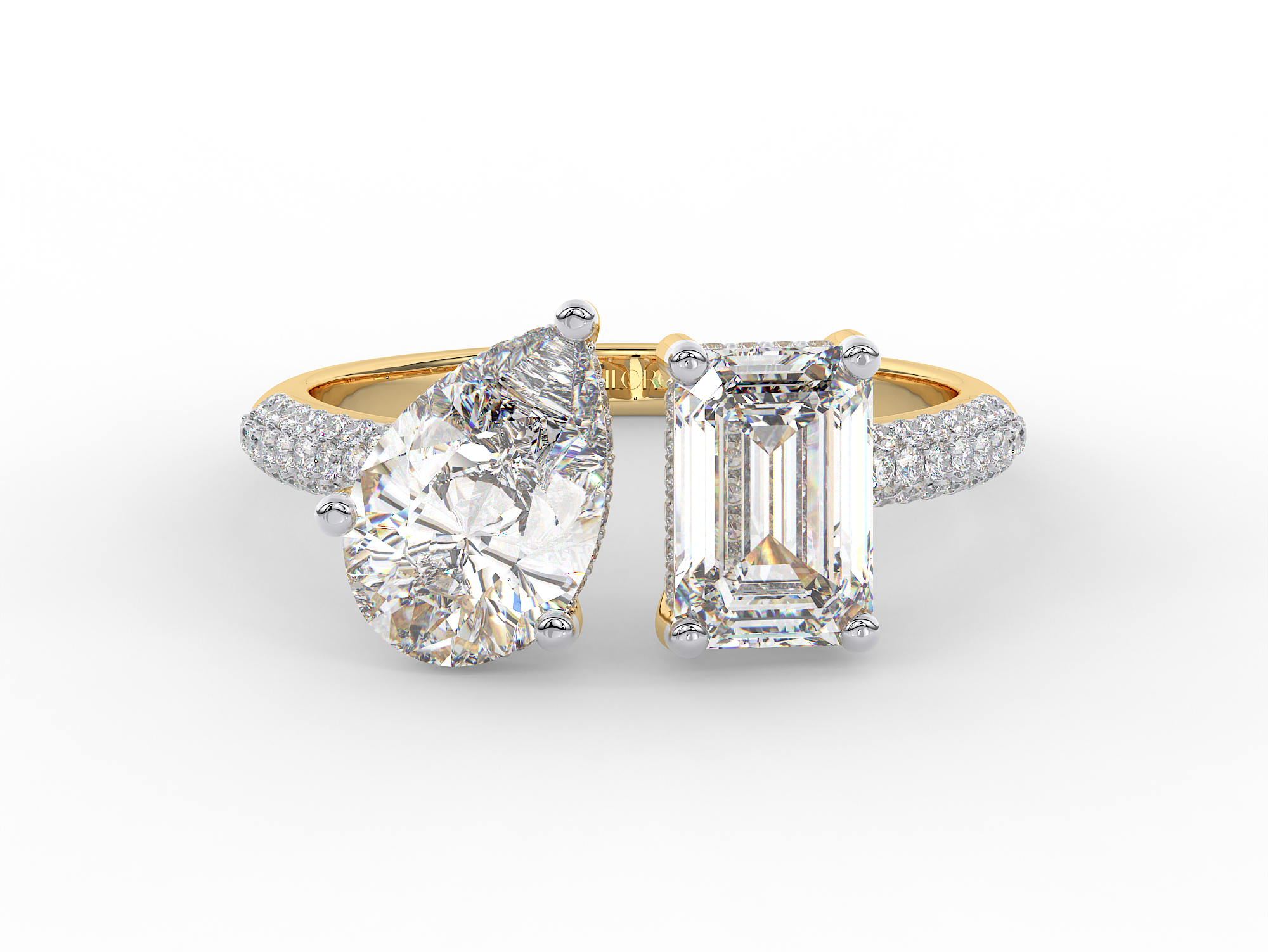 18KT Gold Plated Toi Moi moissanite emerald and pear shaped solitaire diamond Ring