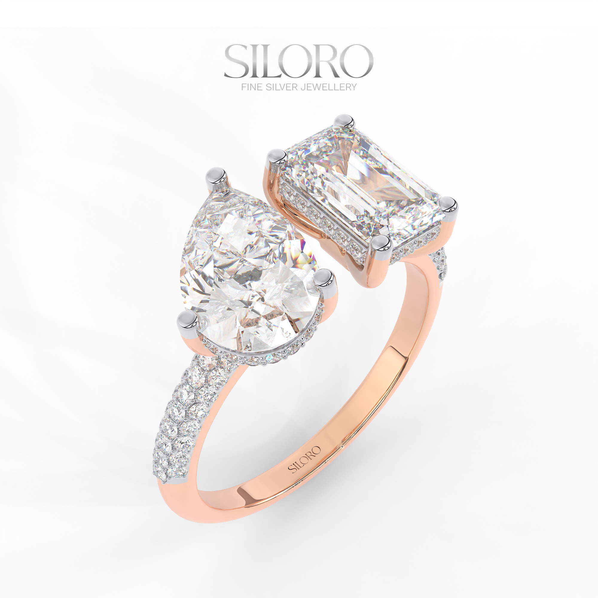 925 Silver Toi Moi moissanite emerald and pear shaped solitaire diamond Ring