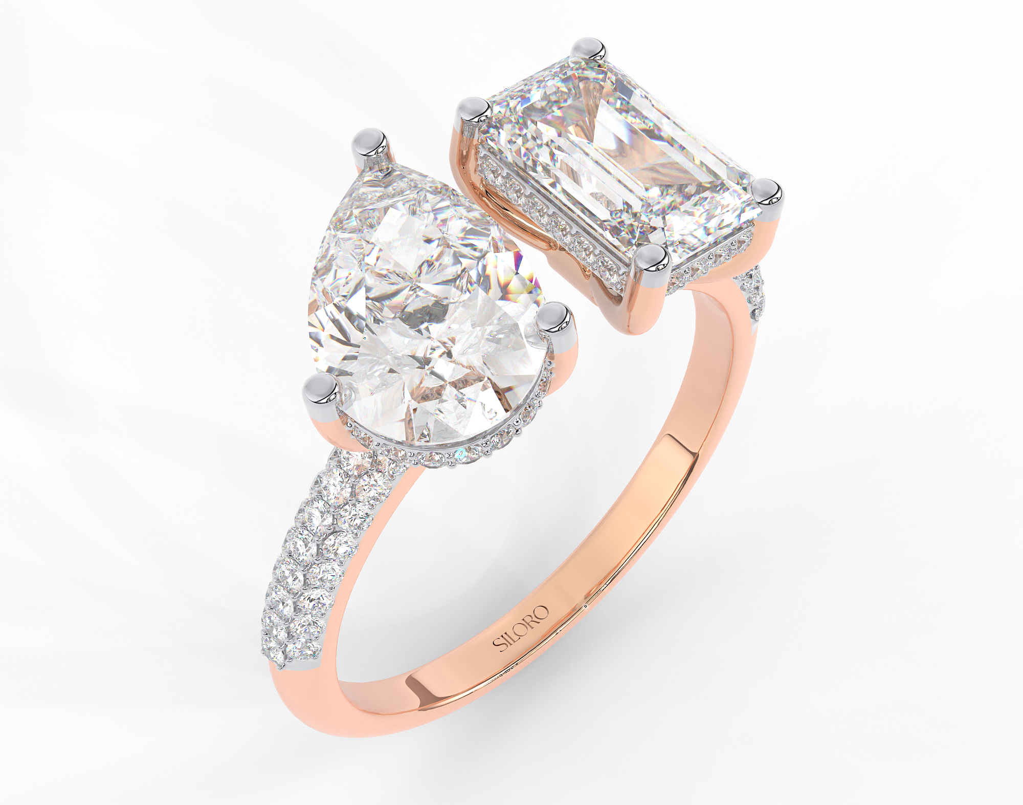 18KT Gold Plated Toi Moi moissanite emerald and pear shaped solitaire diamond Ring