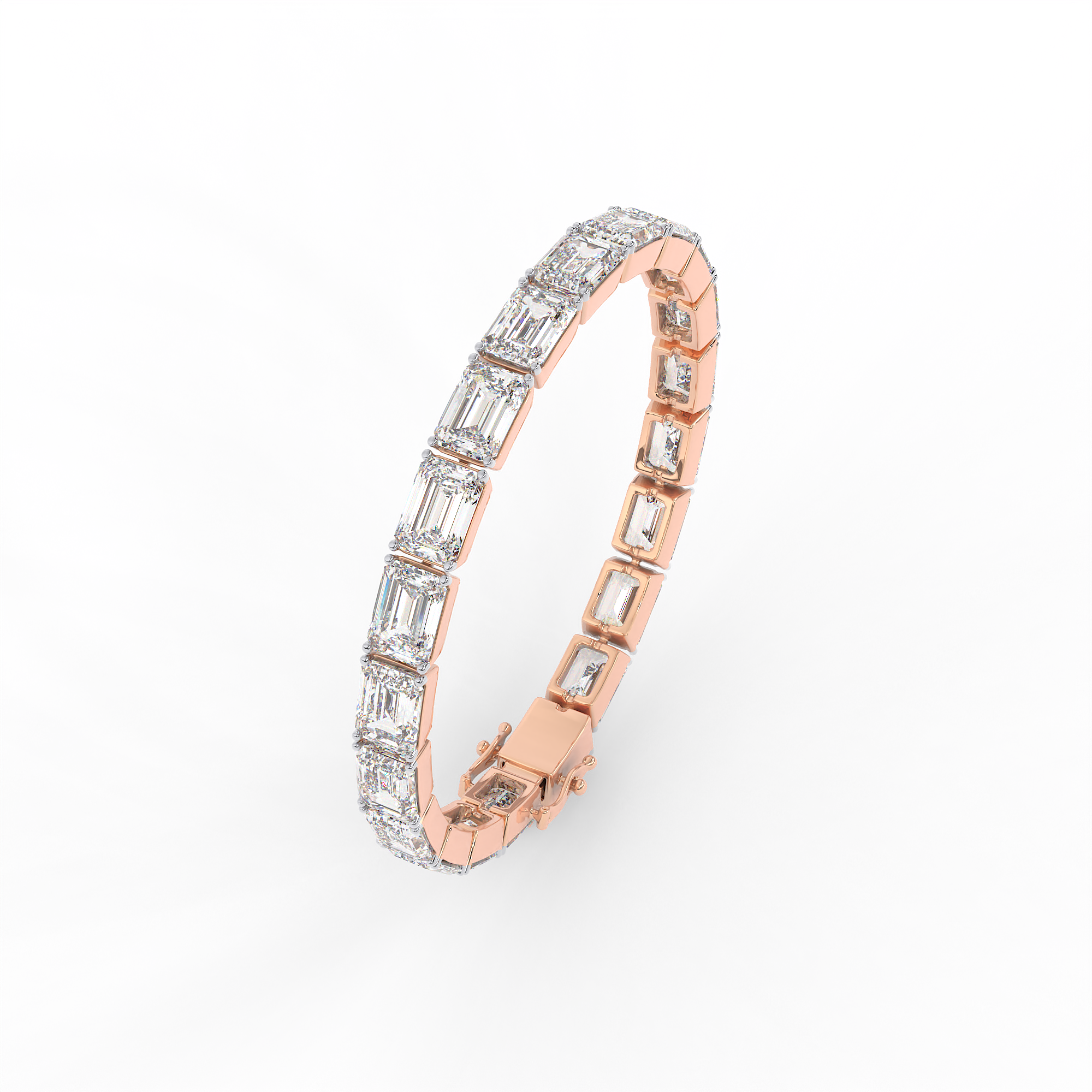 18KT Gold plated tennis bracelet features emerald cut diamonds secured in a bezel setting