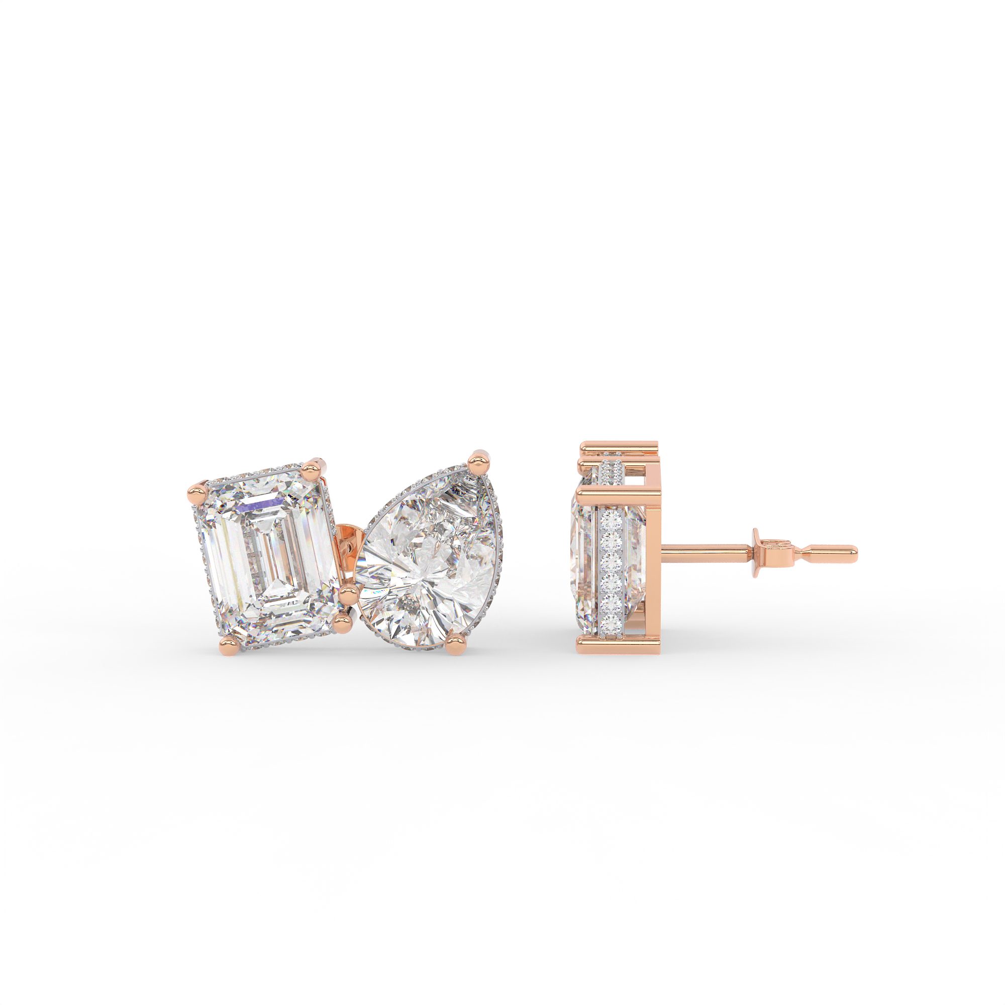 4 carat Emerald cut and pear shaped diamond stud earrings.