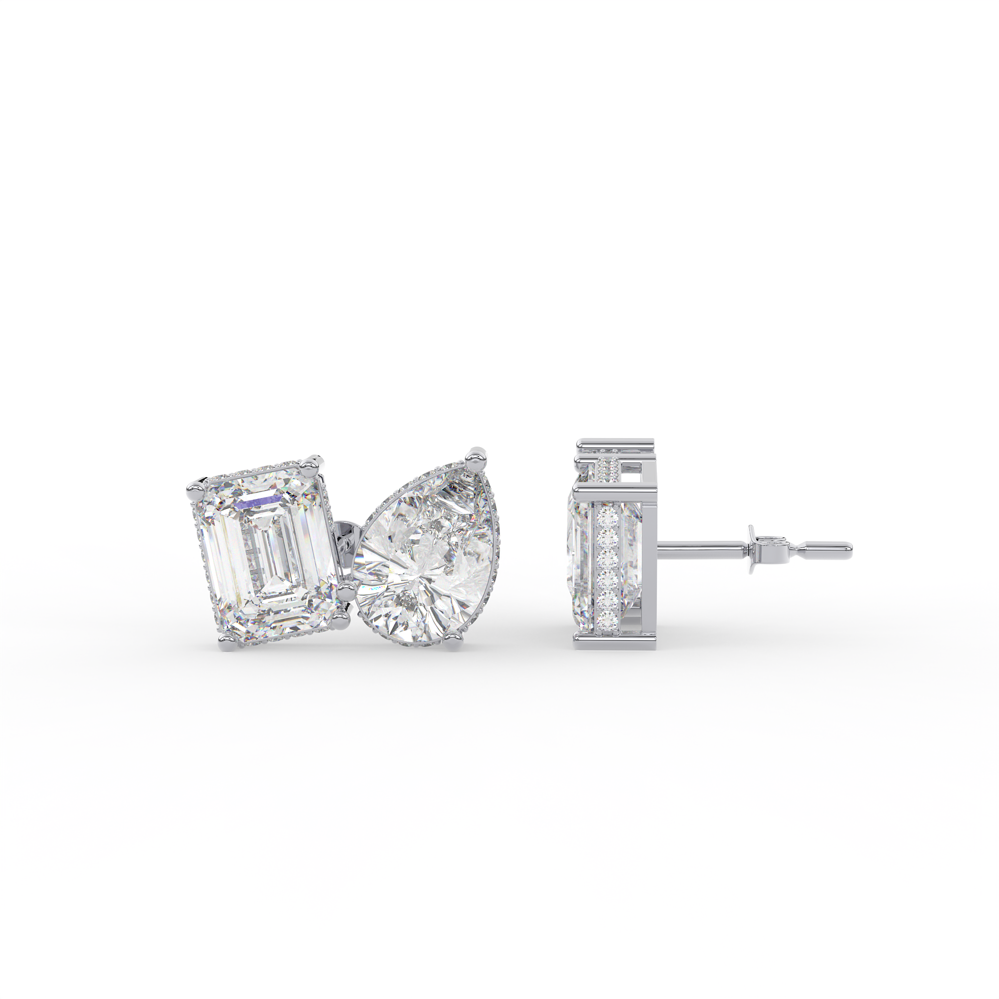 4 carat Emerald cut and pear shaped diamond stud earrings.