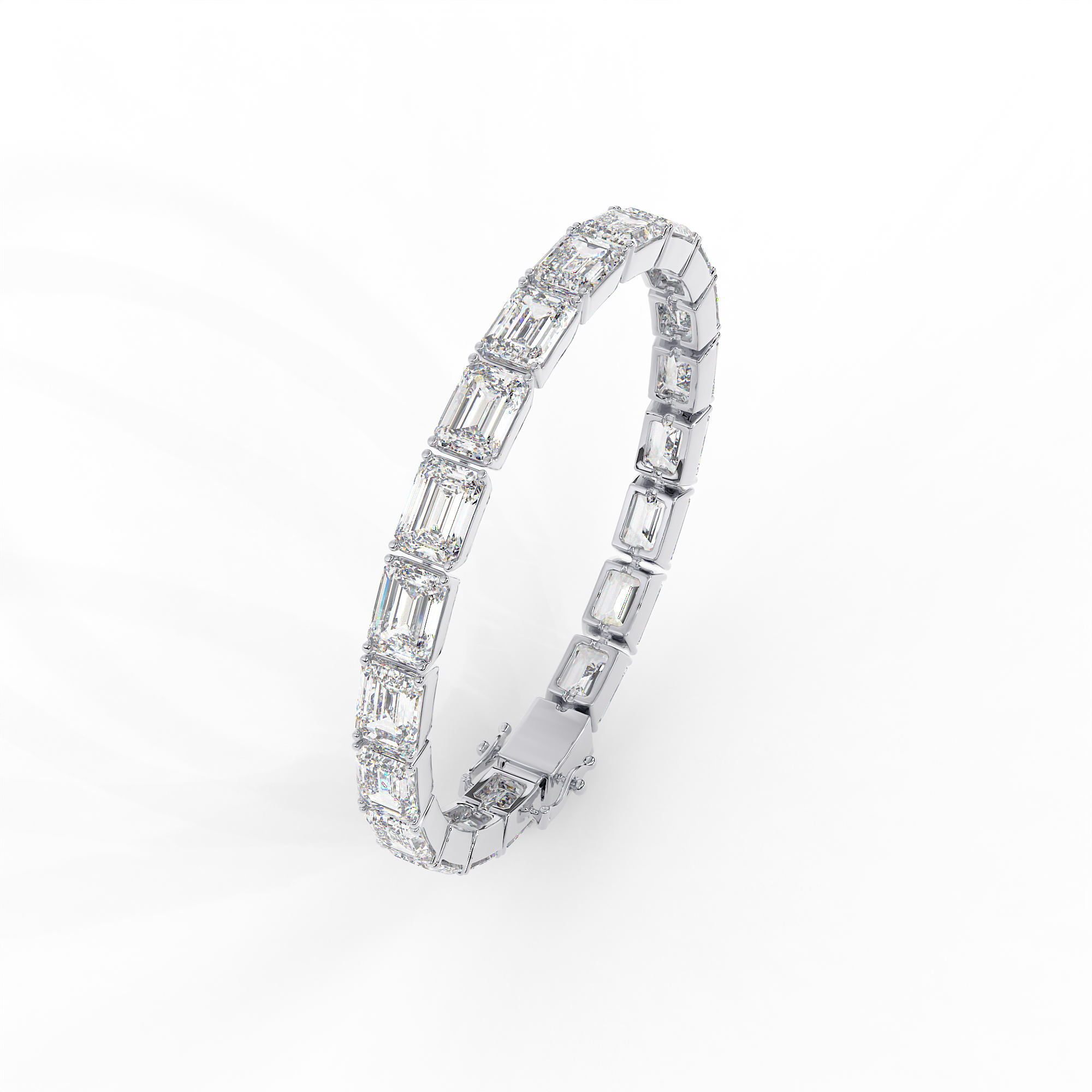 18KT Gold plated tennis bracelet features emerald cut diamonds secured in a bezel setting
