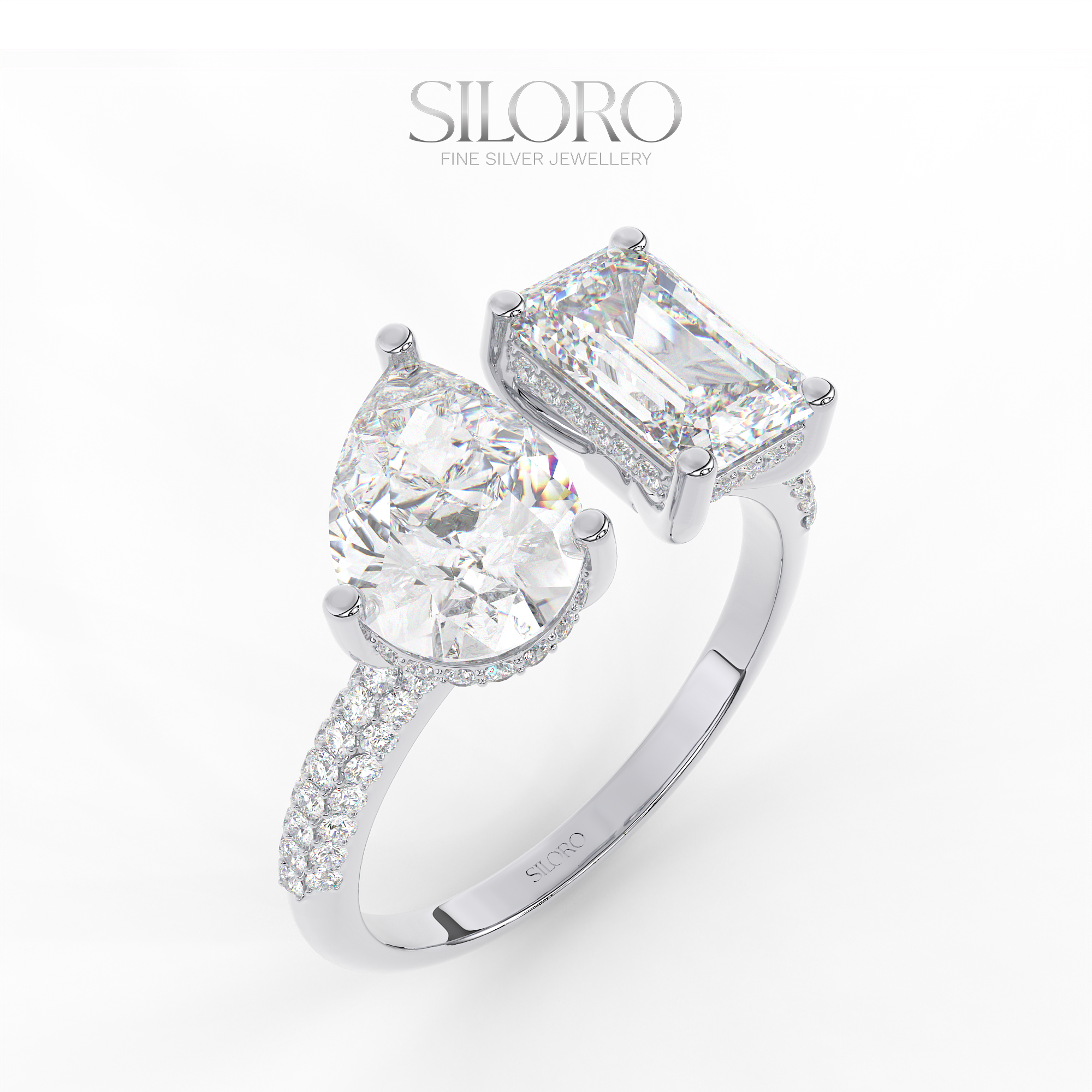 925 Silver Toi Moi moissanite emerald and pear shaped solitaire diamond Ring