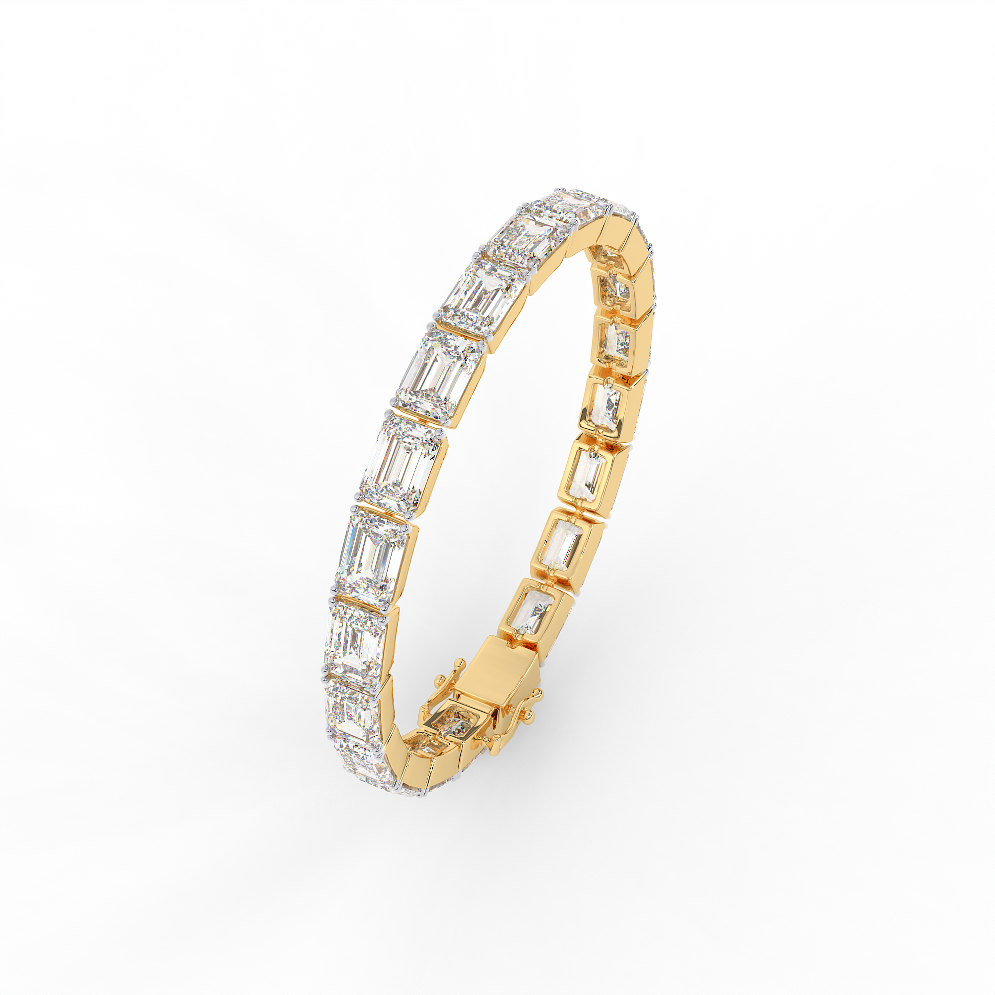 18KT Gold plated tennis bracelet features emerald cut diamonds secured in a bezel setting
