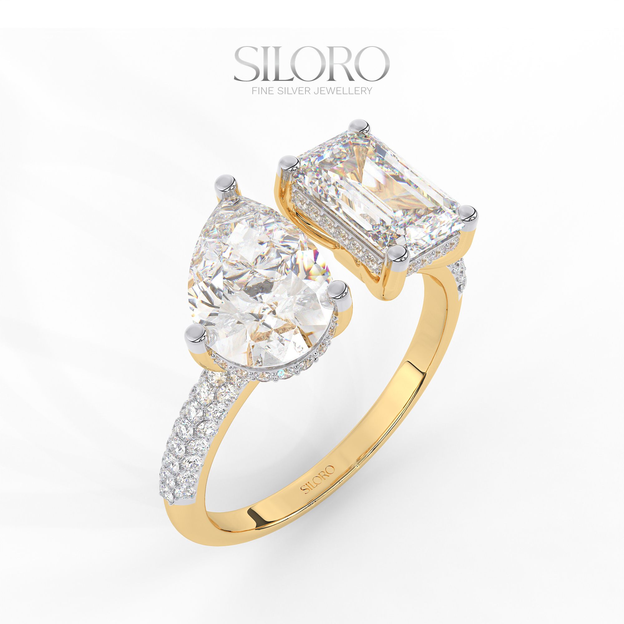 925 Silver Toi Moi moissanite emerald and pear shaped solitaire diamond Ring