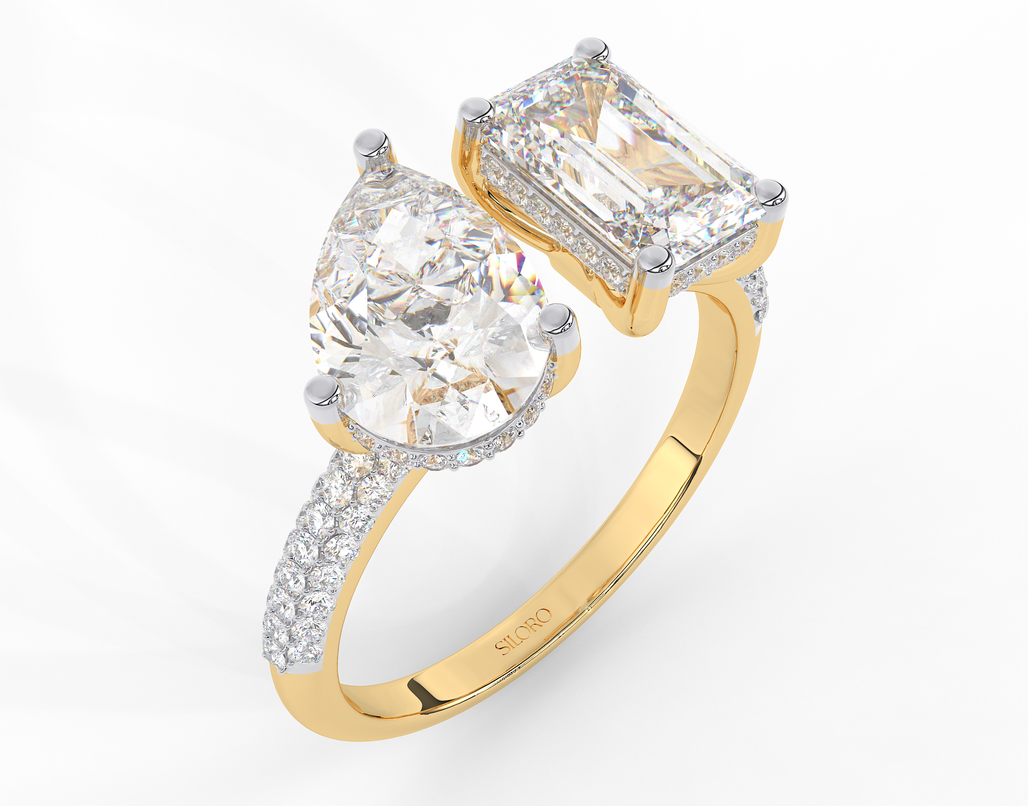 18KT Gold Plated Toi Moi moissanite emerald and pear shaped solitaire diamond Ring
