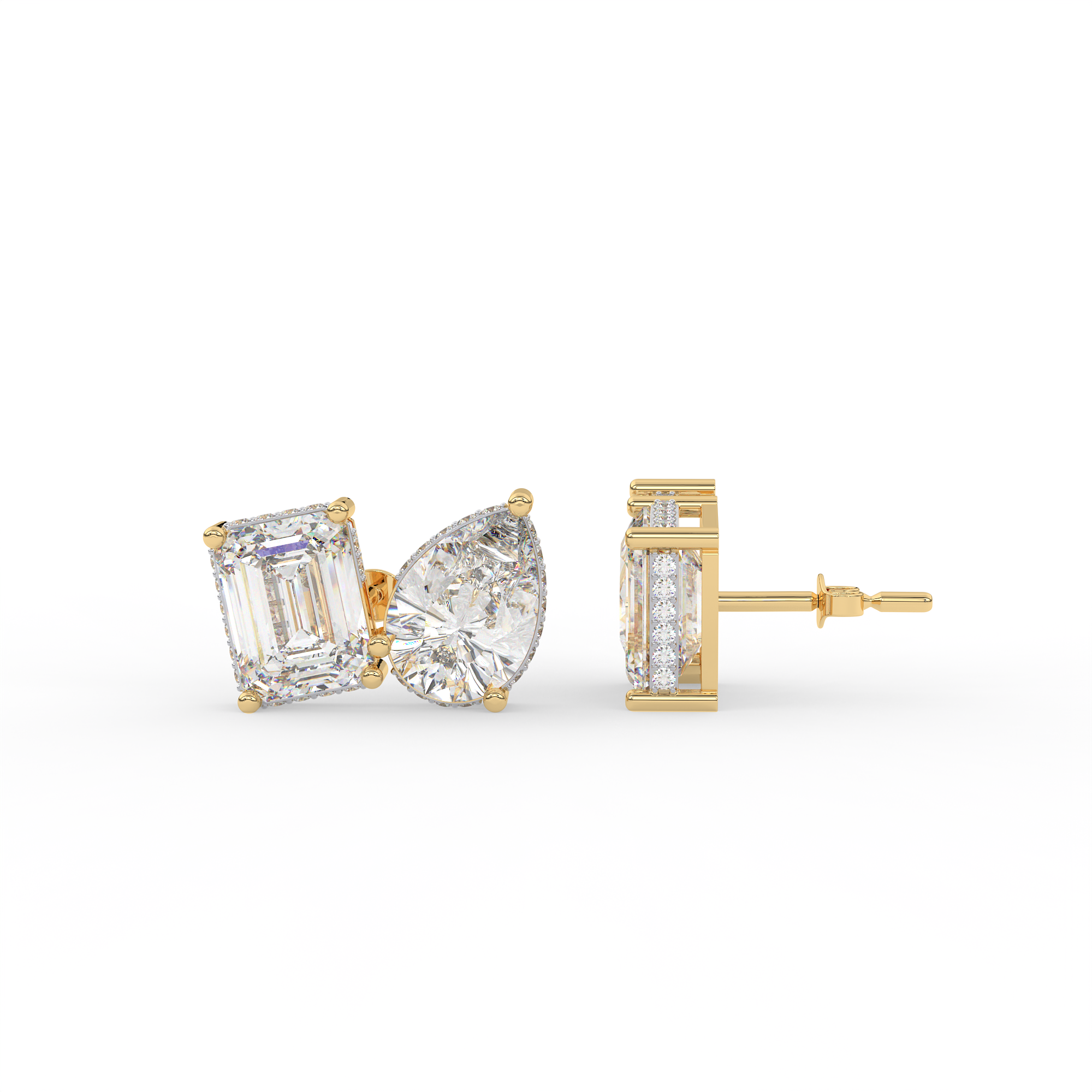 4 carat Emerald cut and pear shaped diamond stud earrings.