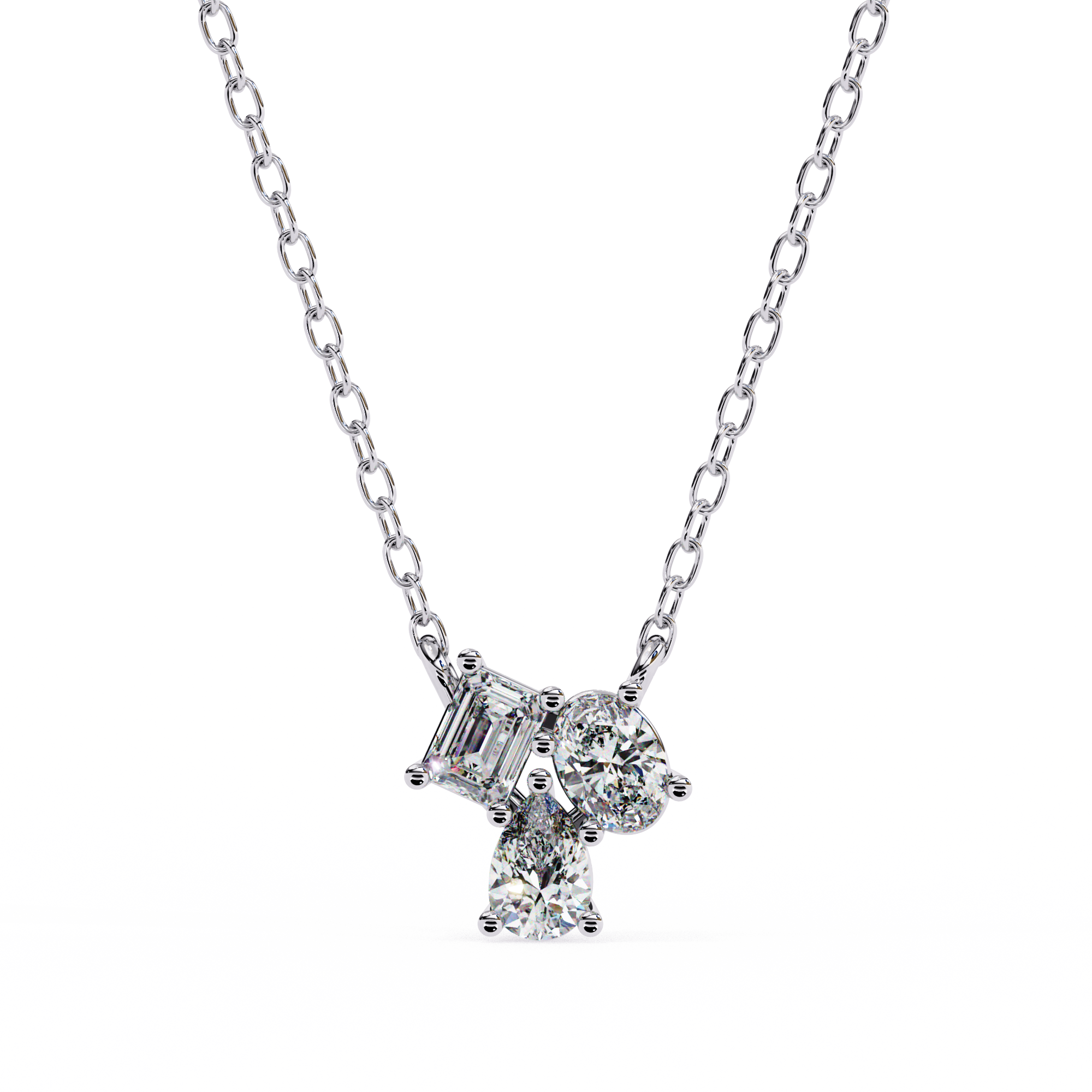 18KT Gold Plated diamond pendant features a unique cluster of three different diamond cut