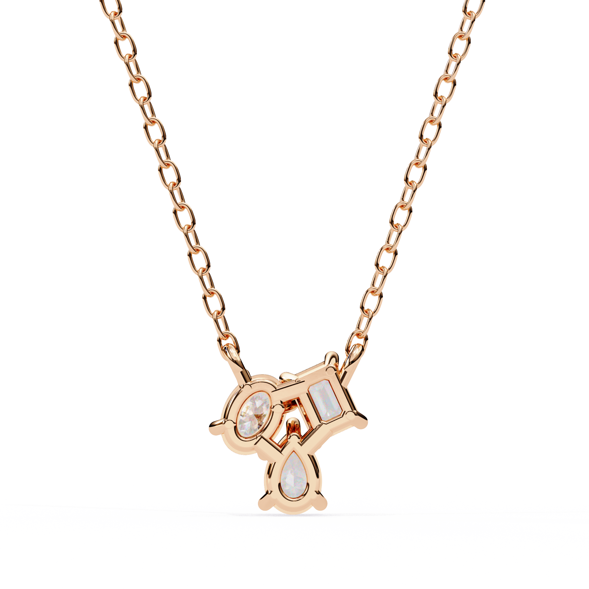 18KT Gold Plated diamond pendant features a unique cluster of three different diamond cut