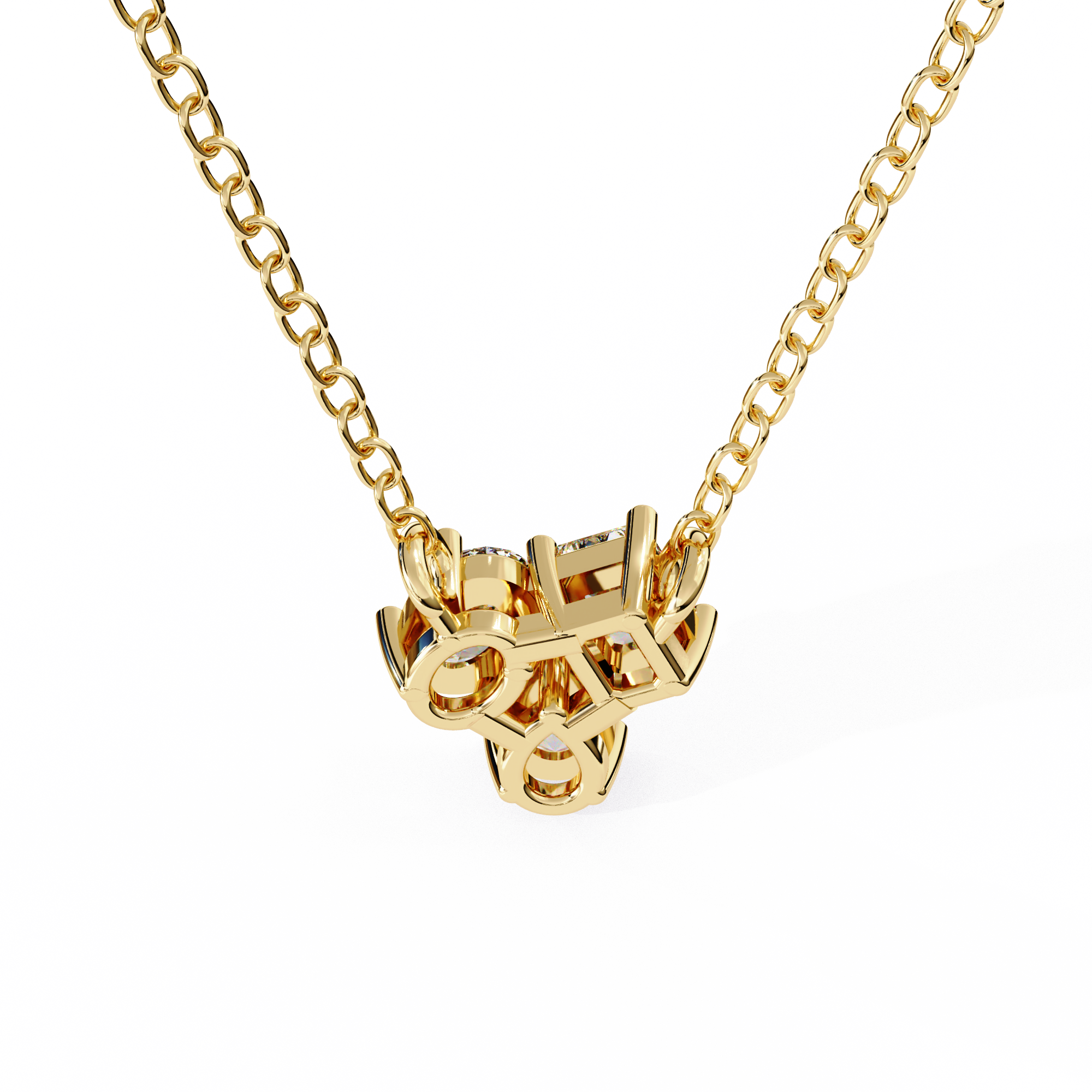 18KT Gold Plated diamond pendant features a unique cluster of three different diamond cut