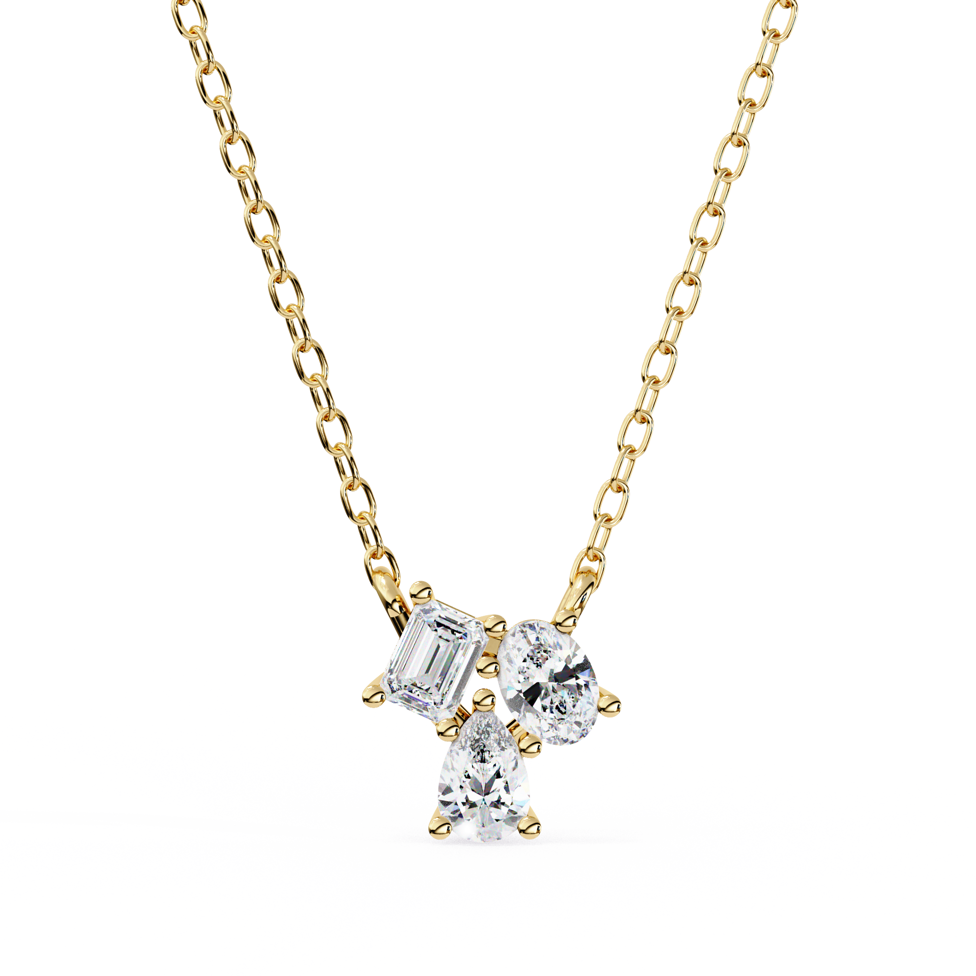 18KT Gold Plated diamond pendant features a unique cluster of three different diamond cut