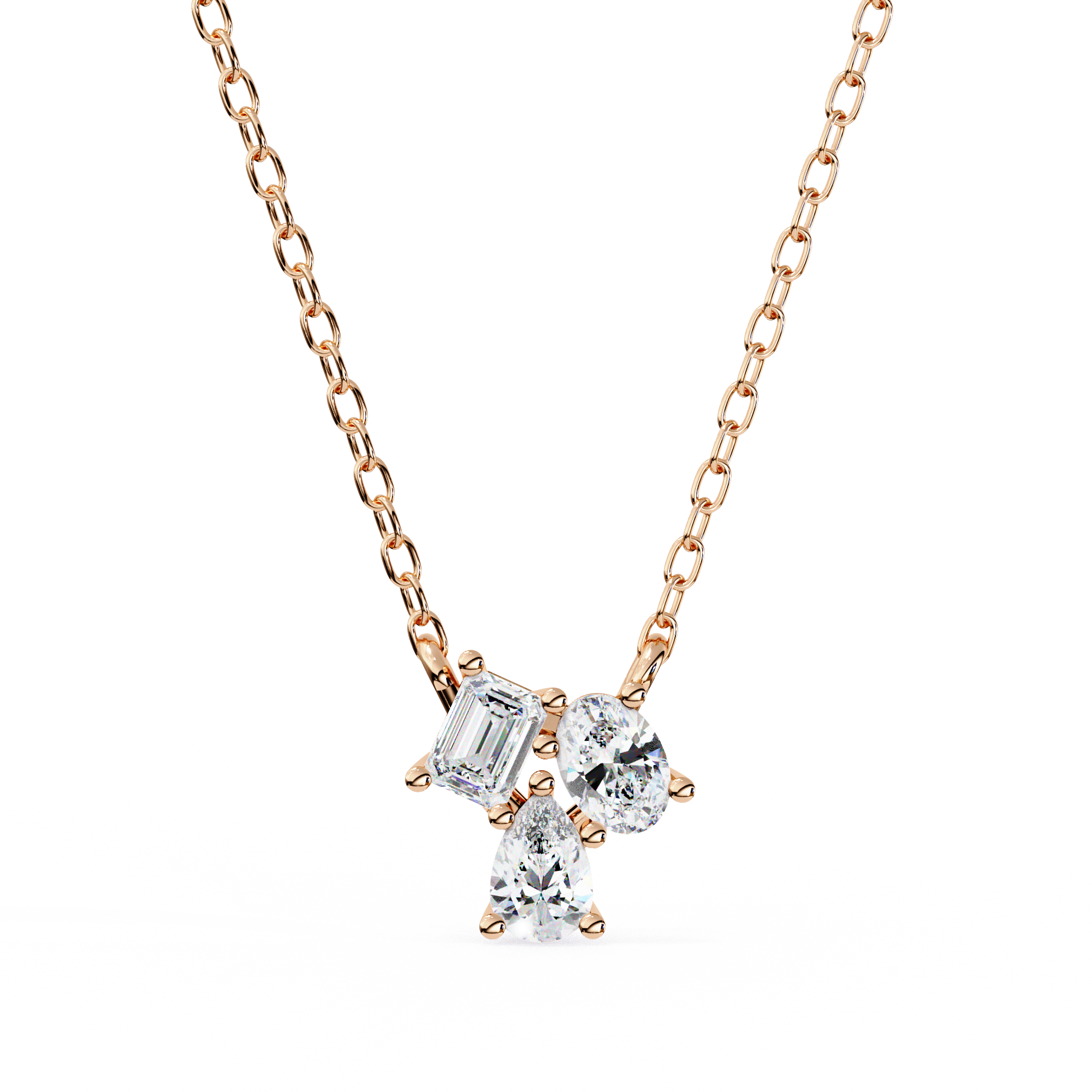 18KT Gold Plated diamond pendant features a unique cluster of three different diamond cut