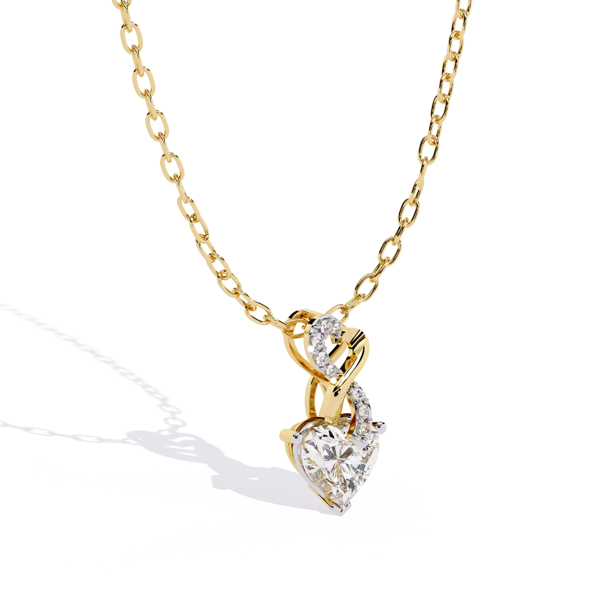 14 KT Gold Plated Heart radiant cut and round cut solitaire diamonds in an intertwined design pendant