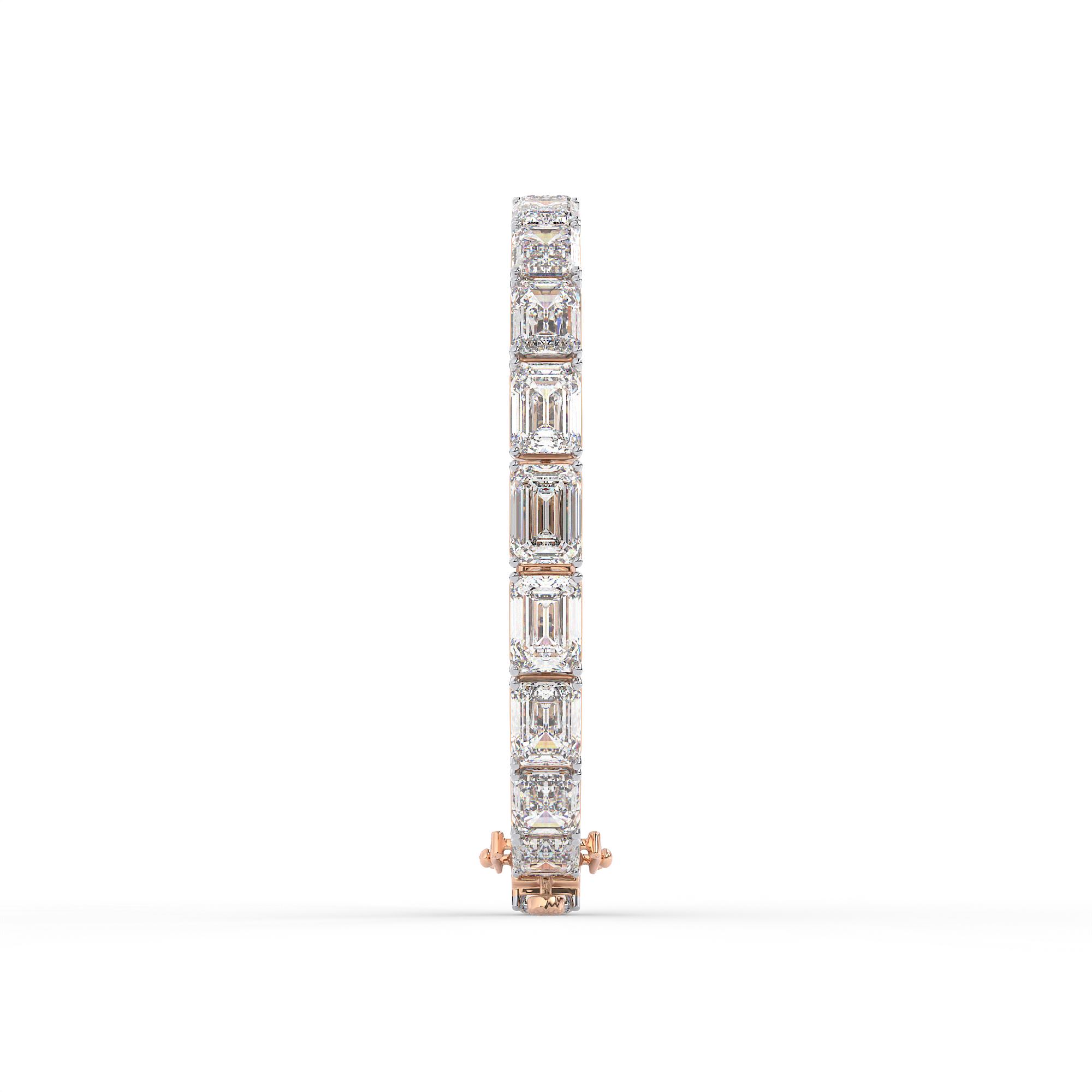 18KT Gold plated tennis bracelet features emerald cut diamonds secured in a bezel setting