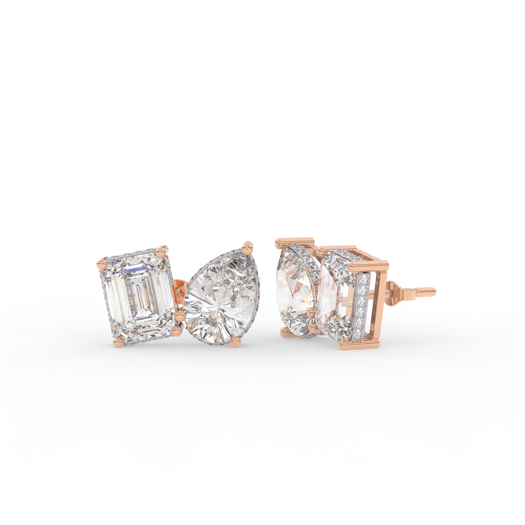 4 carat Emerald cut and pear shaped diamond stud earrings.