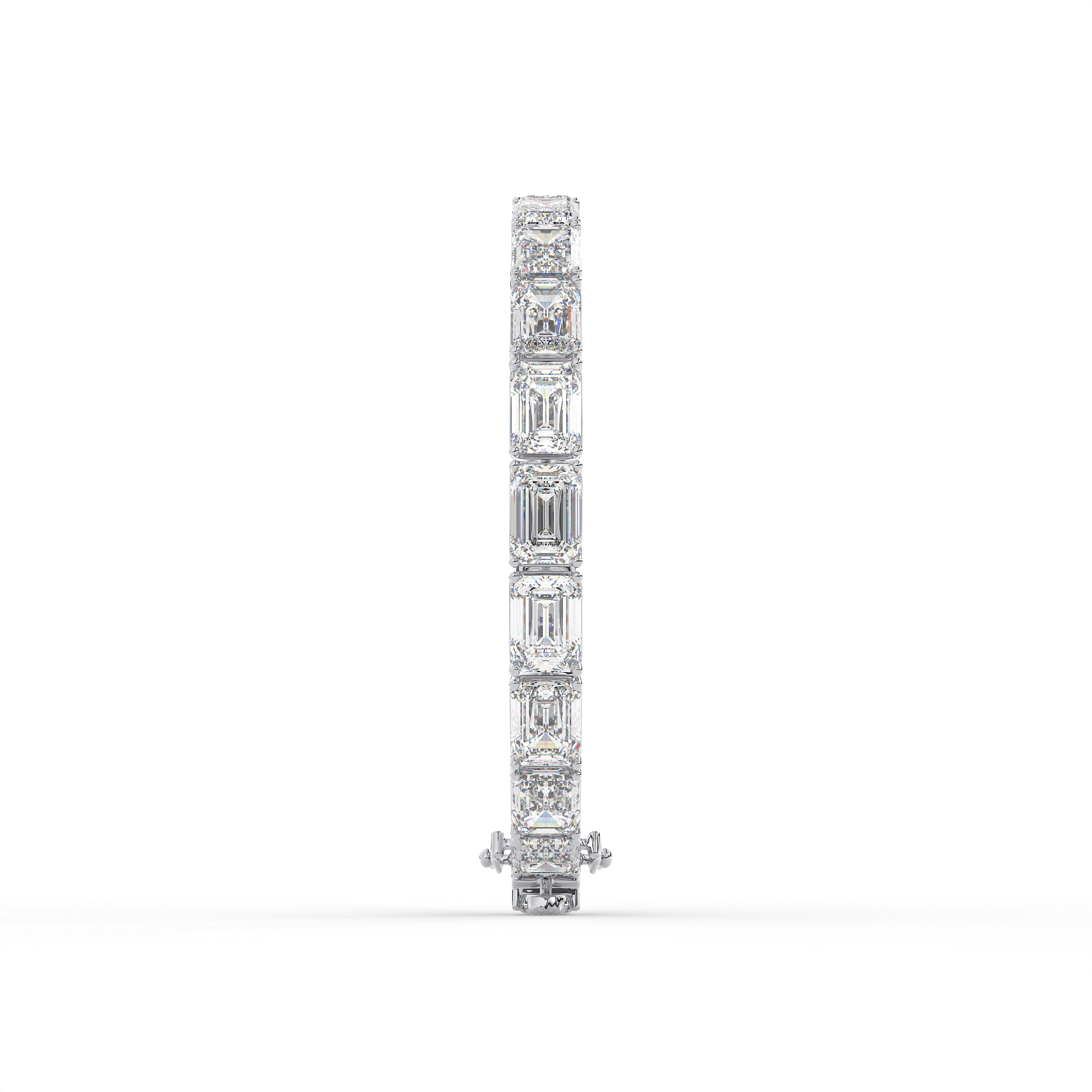 18KT Gold plated tennis bracelet features emerald cut diamonds secured in a bezel setting