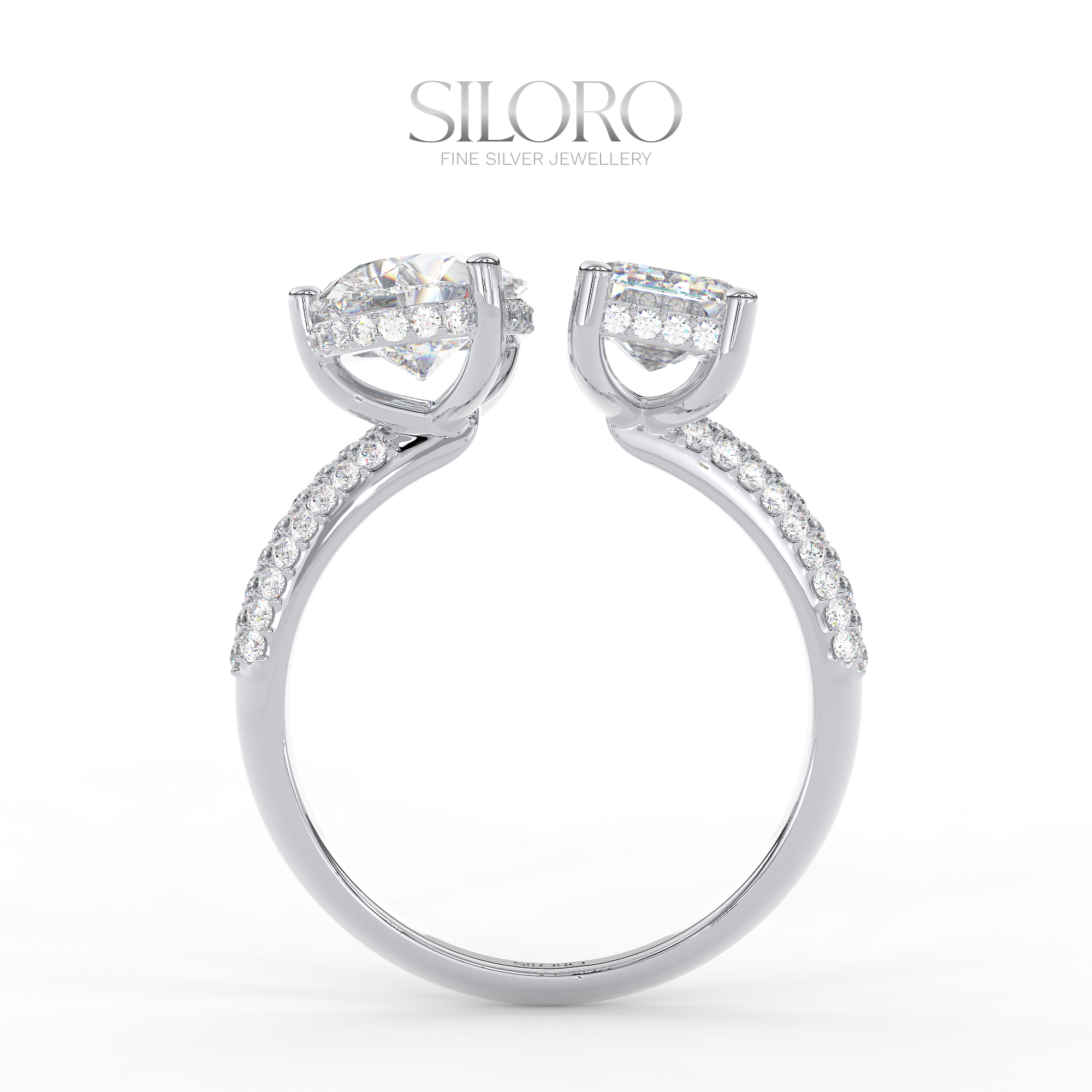 925 Silver Toi Moi moissanite emerald and pear shaped solitaire diamond Ring