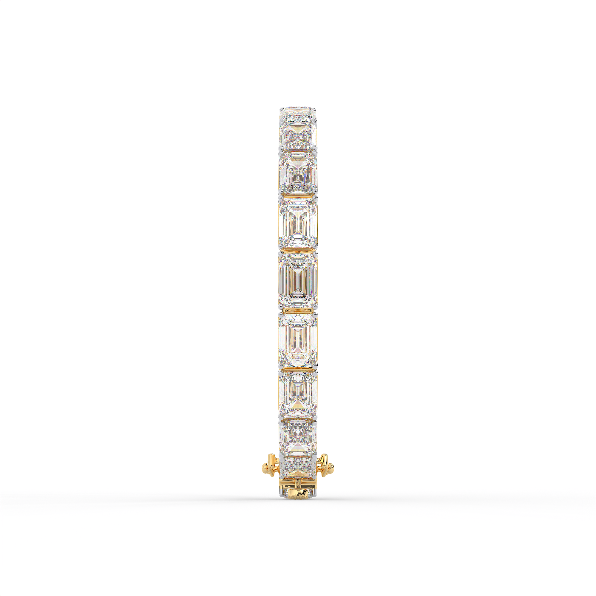 18KT Gold plated tennis bracelet features emerald cut diamonds secured in a bezel setting