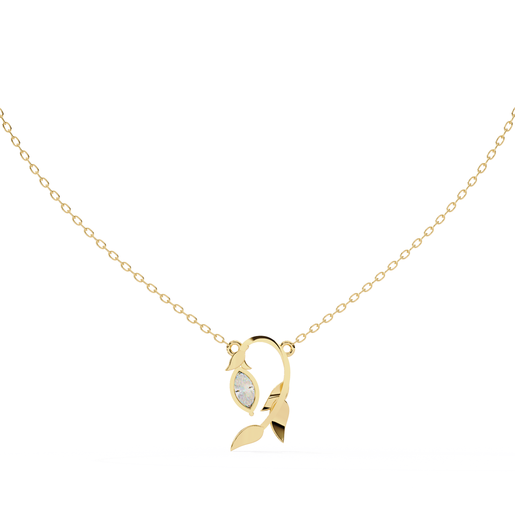 18KT gold Plated Leaflight necklace features a marquise moissanite diamond