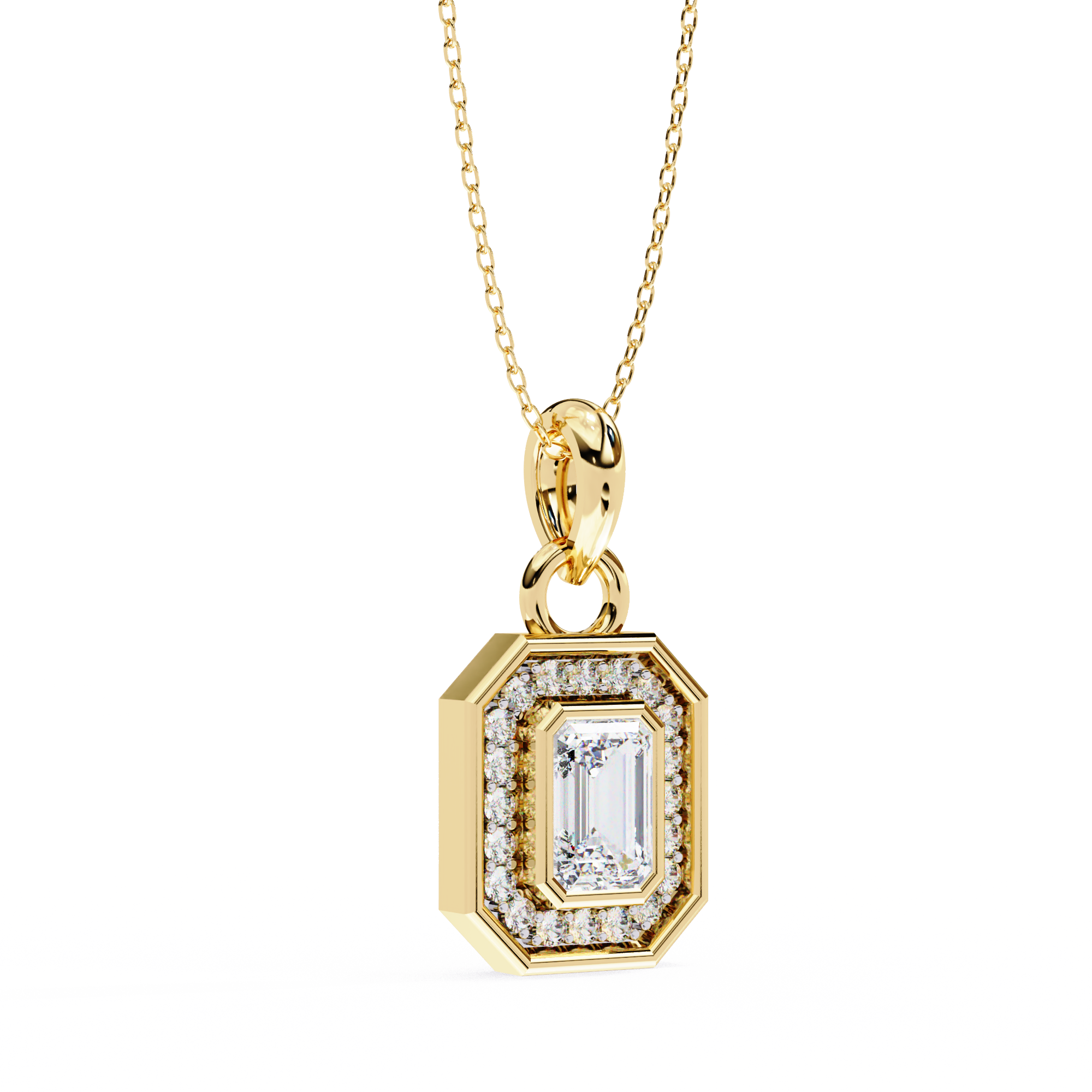 18KT gold plated halo pendant features an emerald cut center stone with delicate pavé diamond frame
