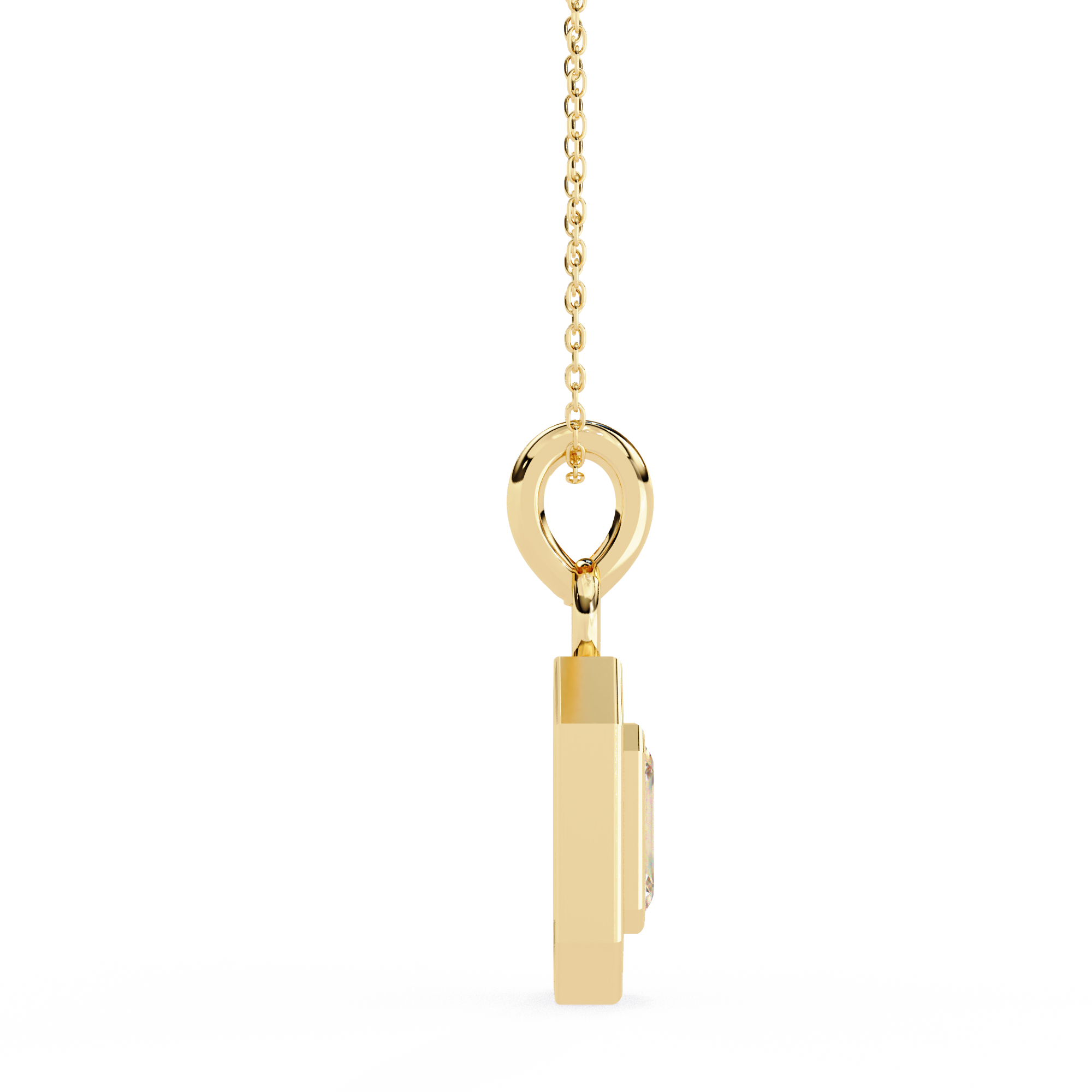 18KT gold plated halo pendant features an emerald cut center stone with delicate pavé diamond frame