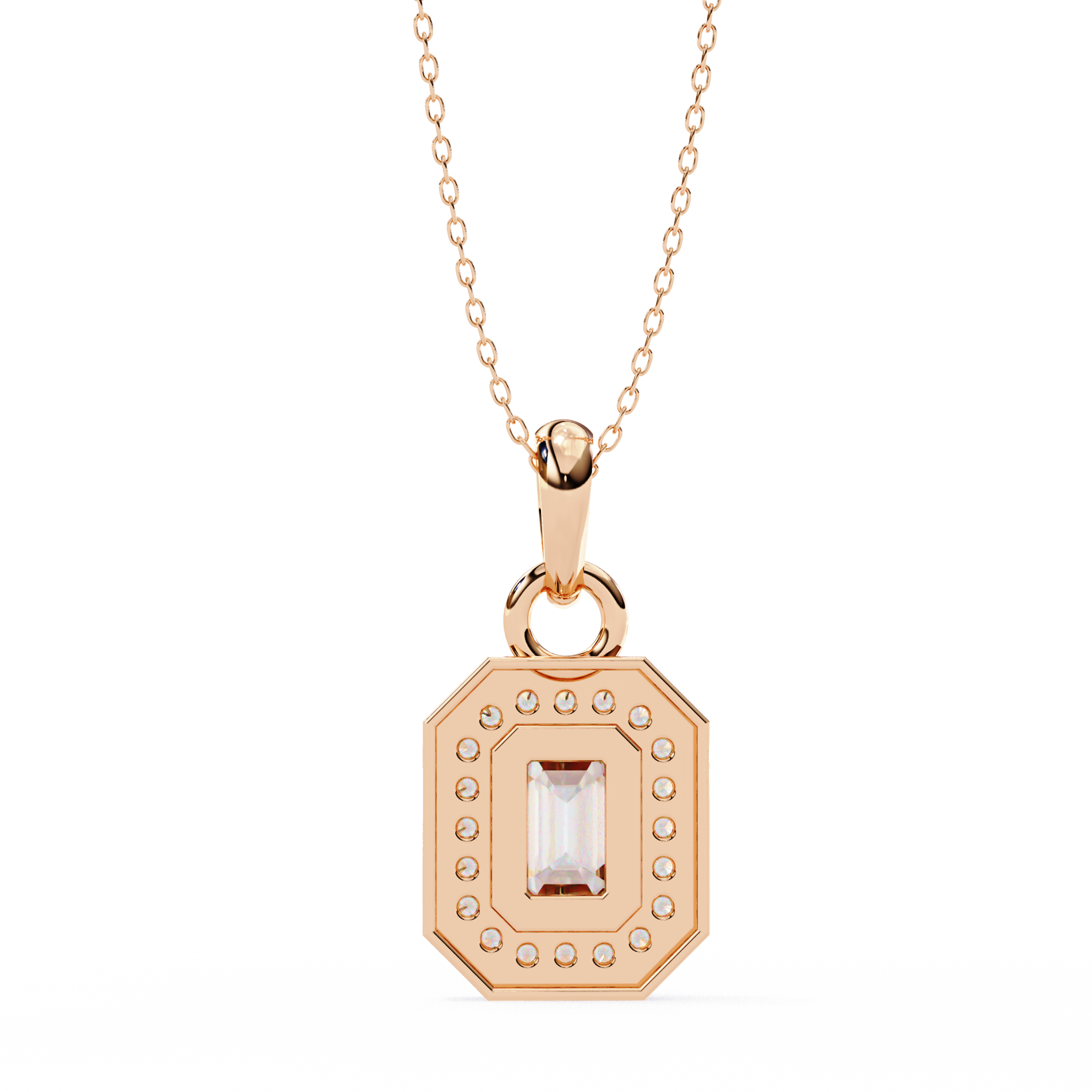 18KT gold plated halo pendant features an emerald cut center stone with delicate pavé diamond frame