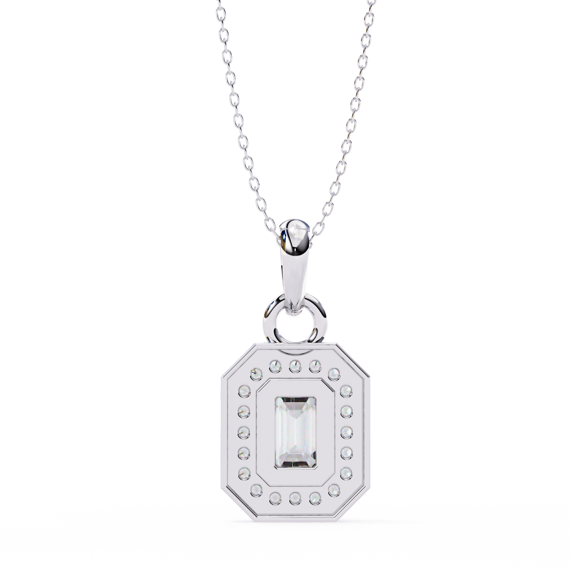 18KT gold plated halo pendant features an emerald cut center stone with delicate pavé diamond frame