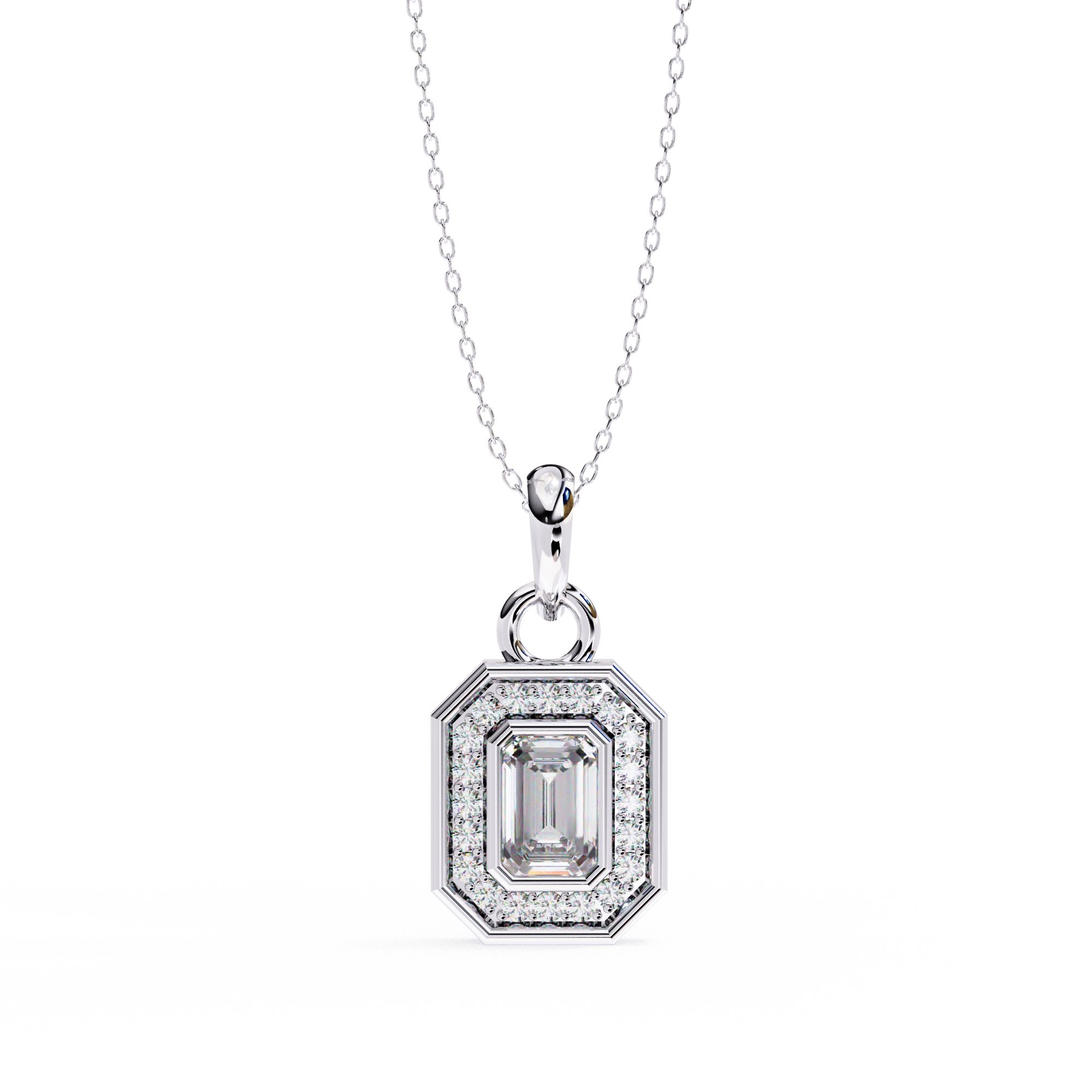 18KT gold plated halo pendant features an emerald cut center stone with delicate pavé diamond frame