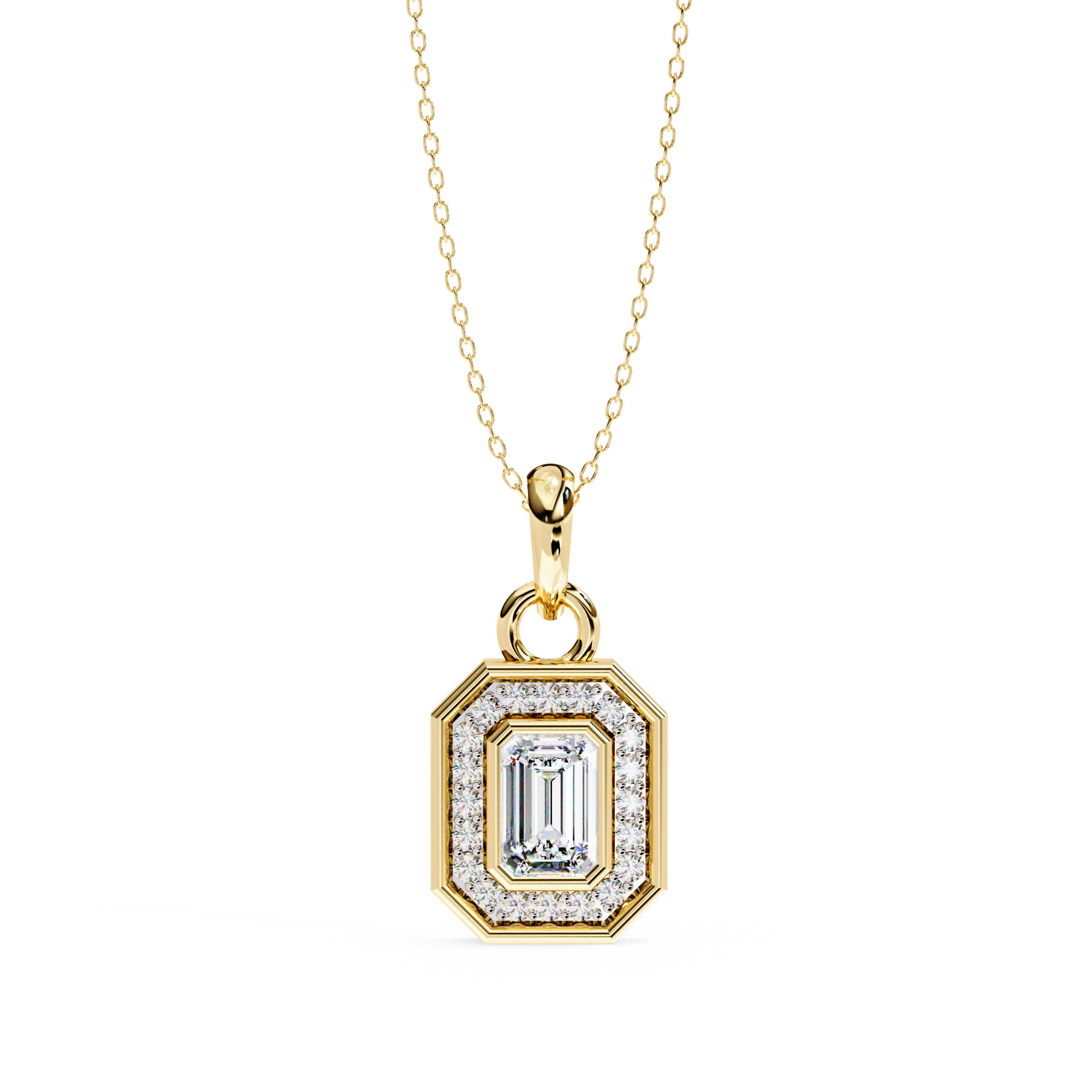 18KT gold plated halo pendant features an emerald cut center stone with delicate pavé diamond frame