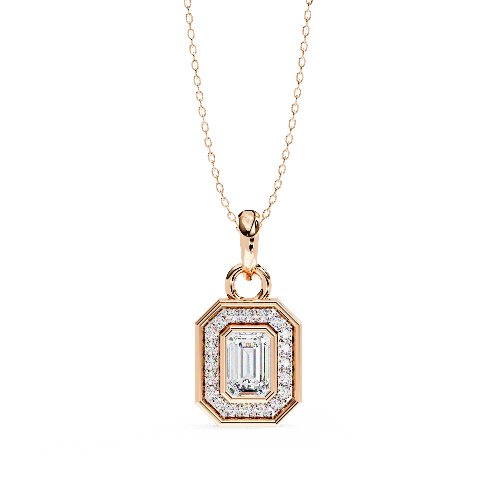 18KT gold plated halo pendant features an emerald cut center stone with delicate pavé diamond frame
