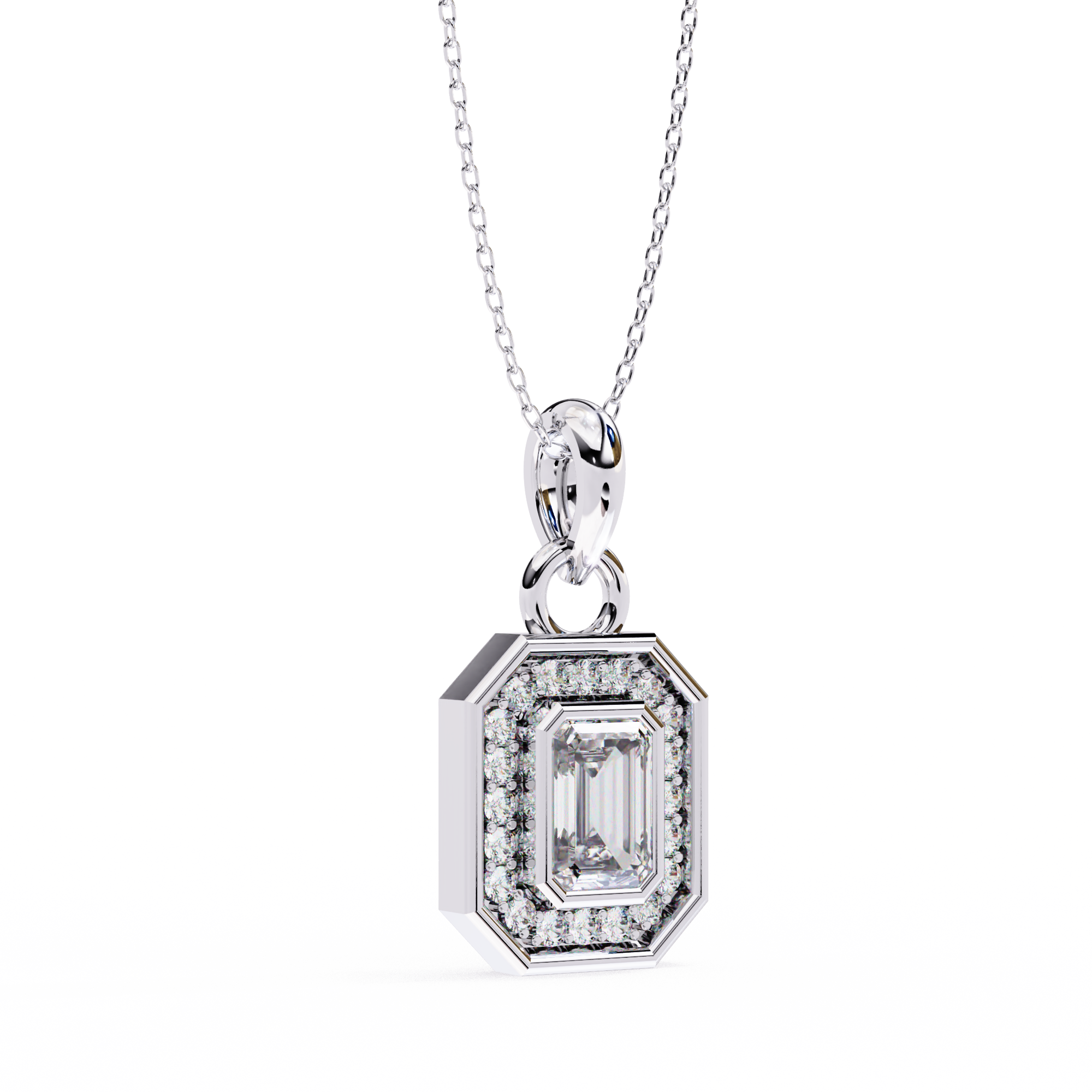 18KT gold plated halo pendant features an emerald cut center stone with delicate pavé diamond frame