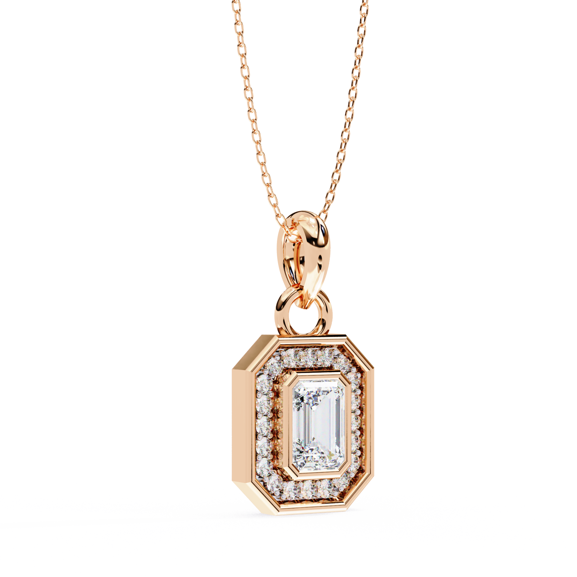 18KT gold plated halo pendant features an emerald cut center stone with delicate pavé diamond frame