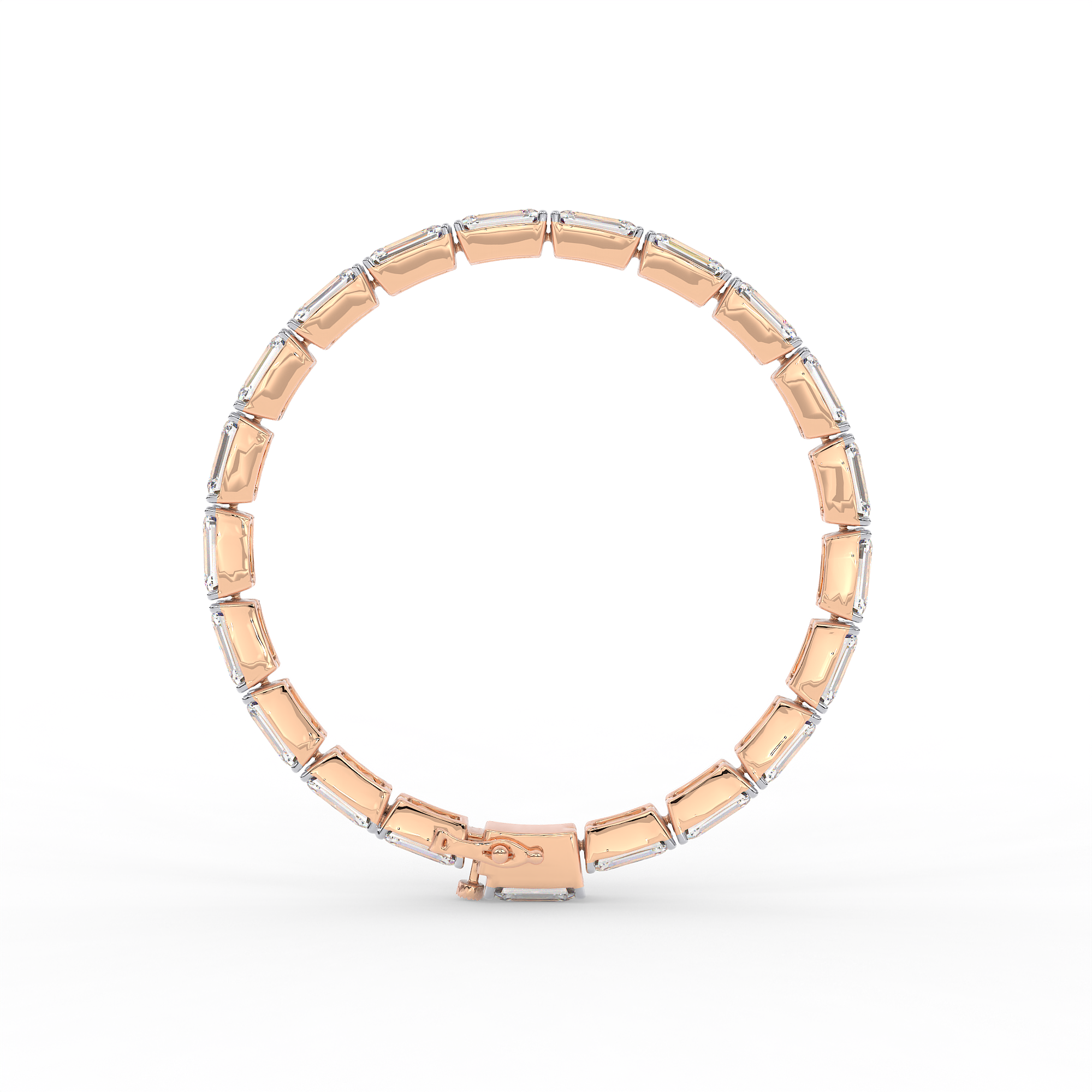 18KT Gold plated tennis bracelet features emerald cut diamonds secured in a bezel setting