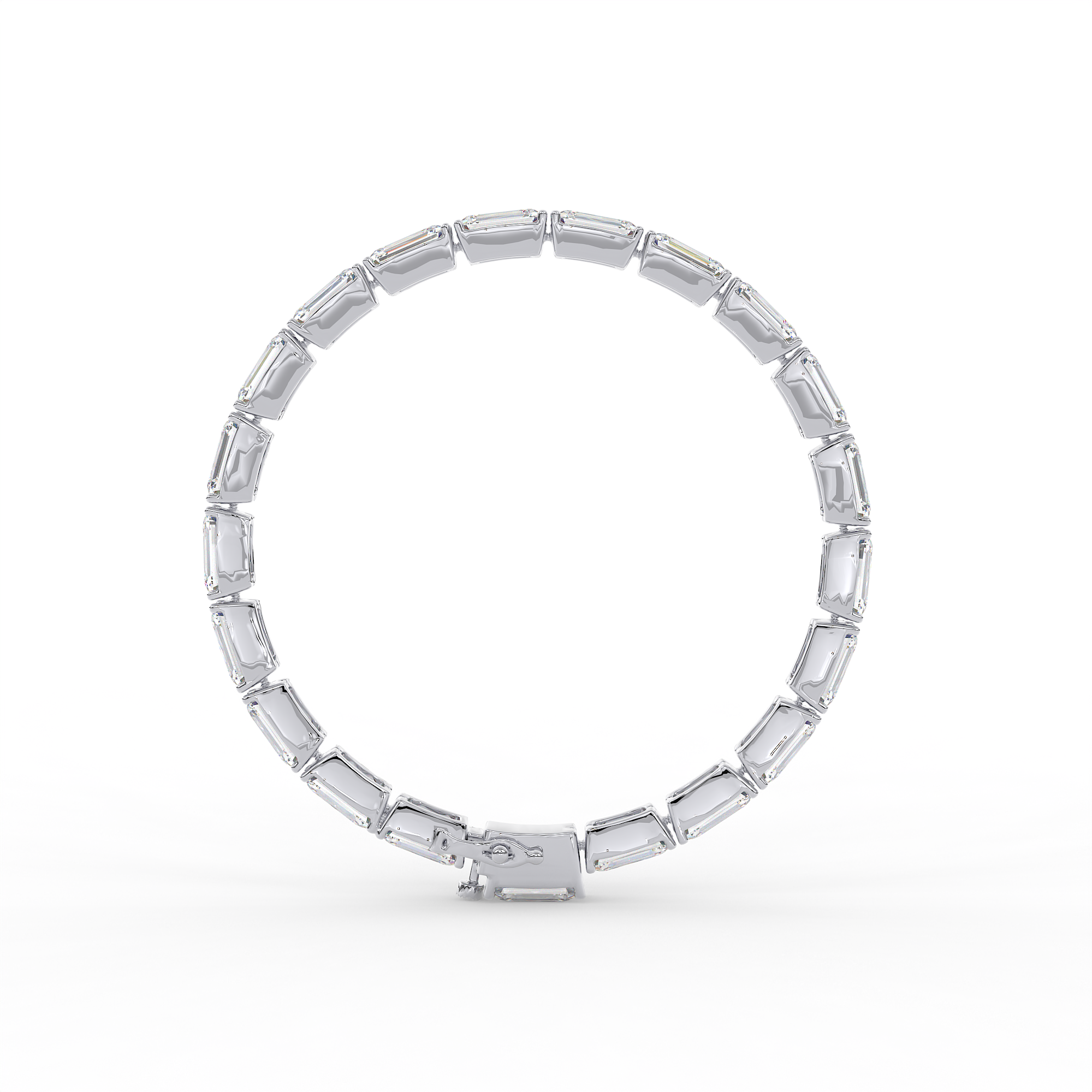 18KT Gold plated tennis bracelet features emerald cut diamonds secured in a bezel setting