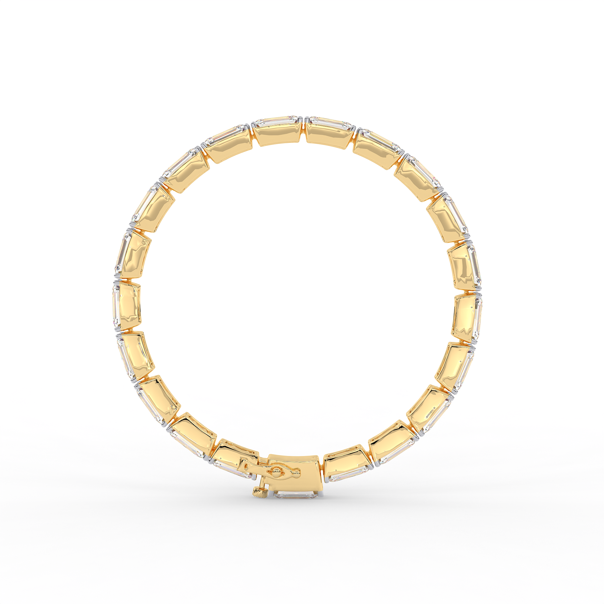 18KT Gold plated tennis bracelet features emerald cut diamonds secured in a bezel setting