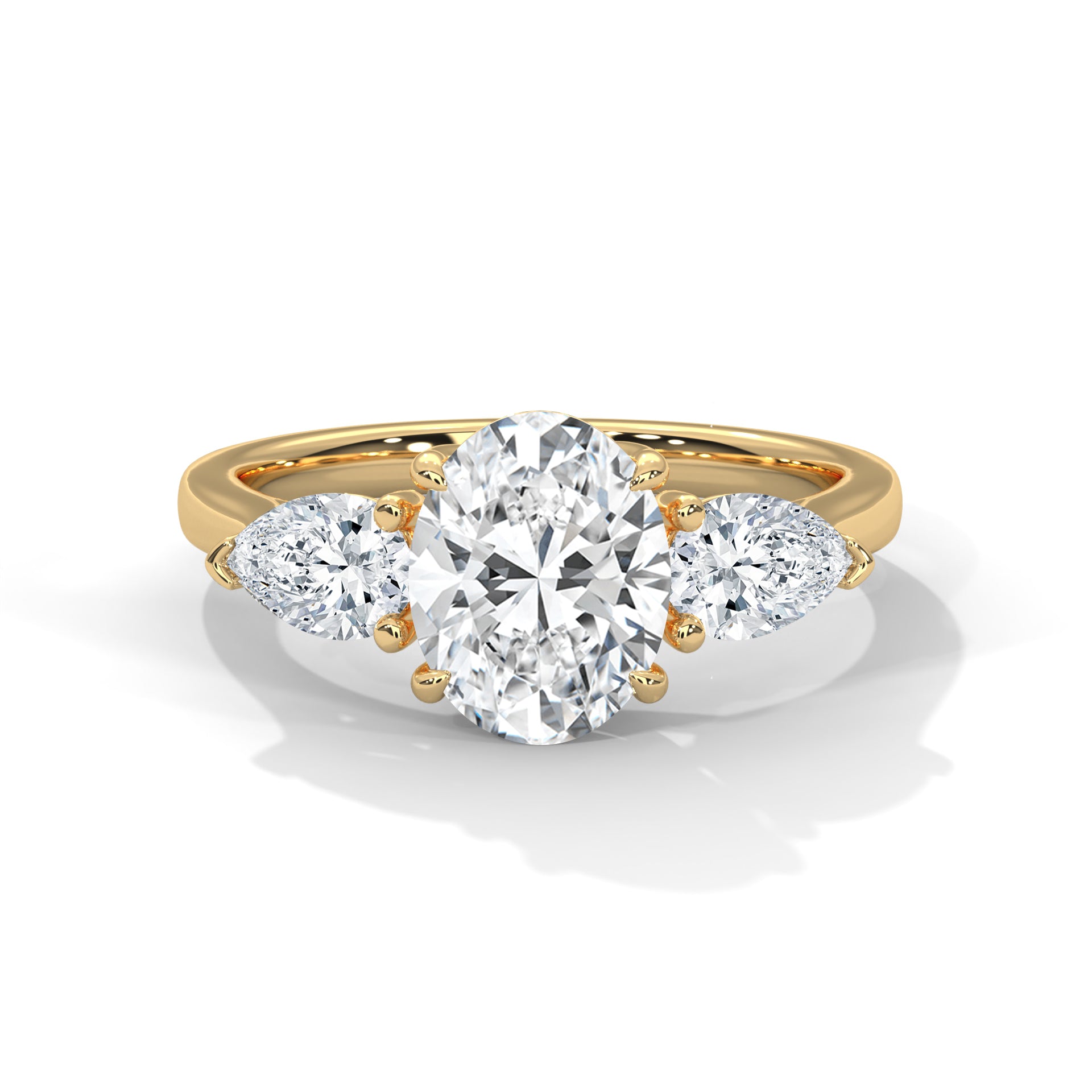 14 KT Gold Plated 2 Ct Oval And Pear Cut Three Stone Solitaire Diamond Ring For Women