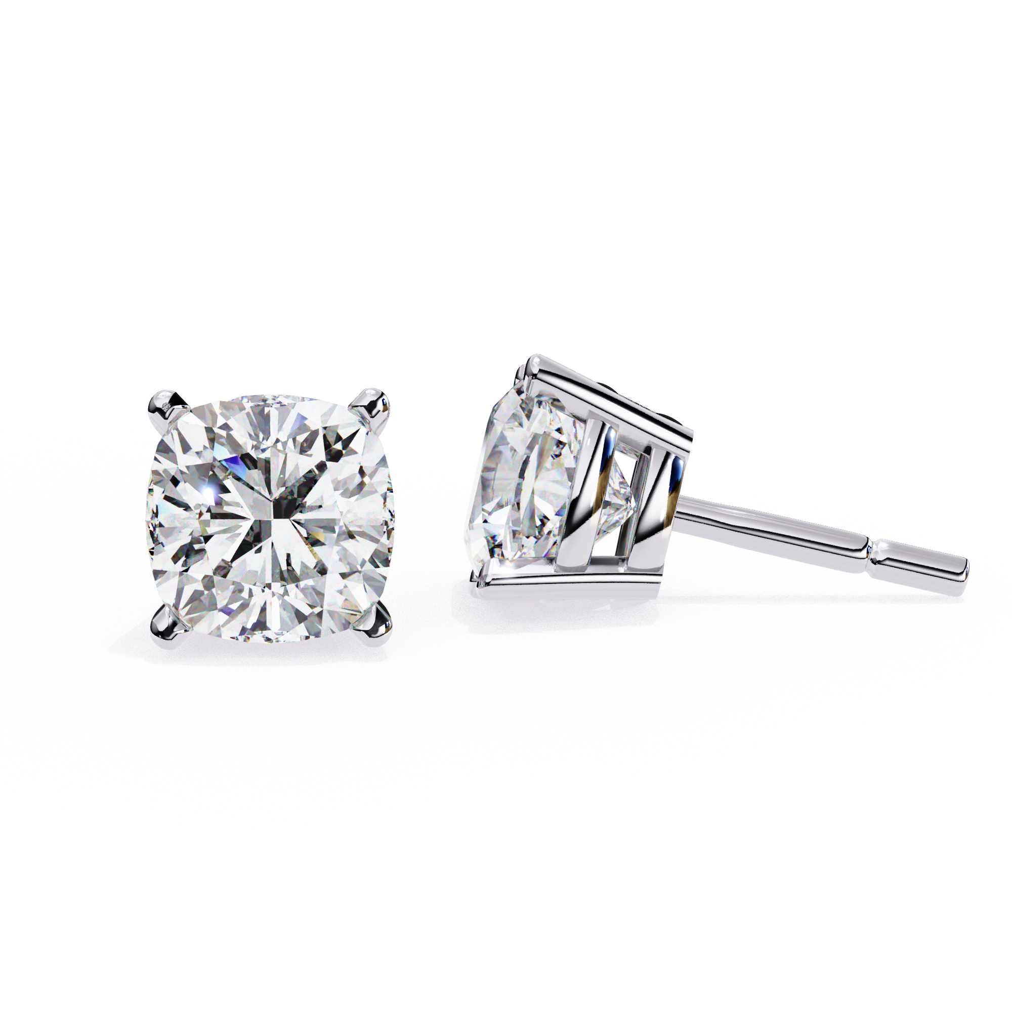 Pair of Cushion-cut diamond stud earrings in a four-prong basket setting