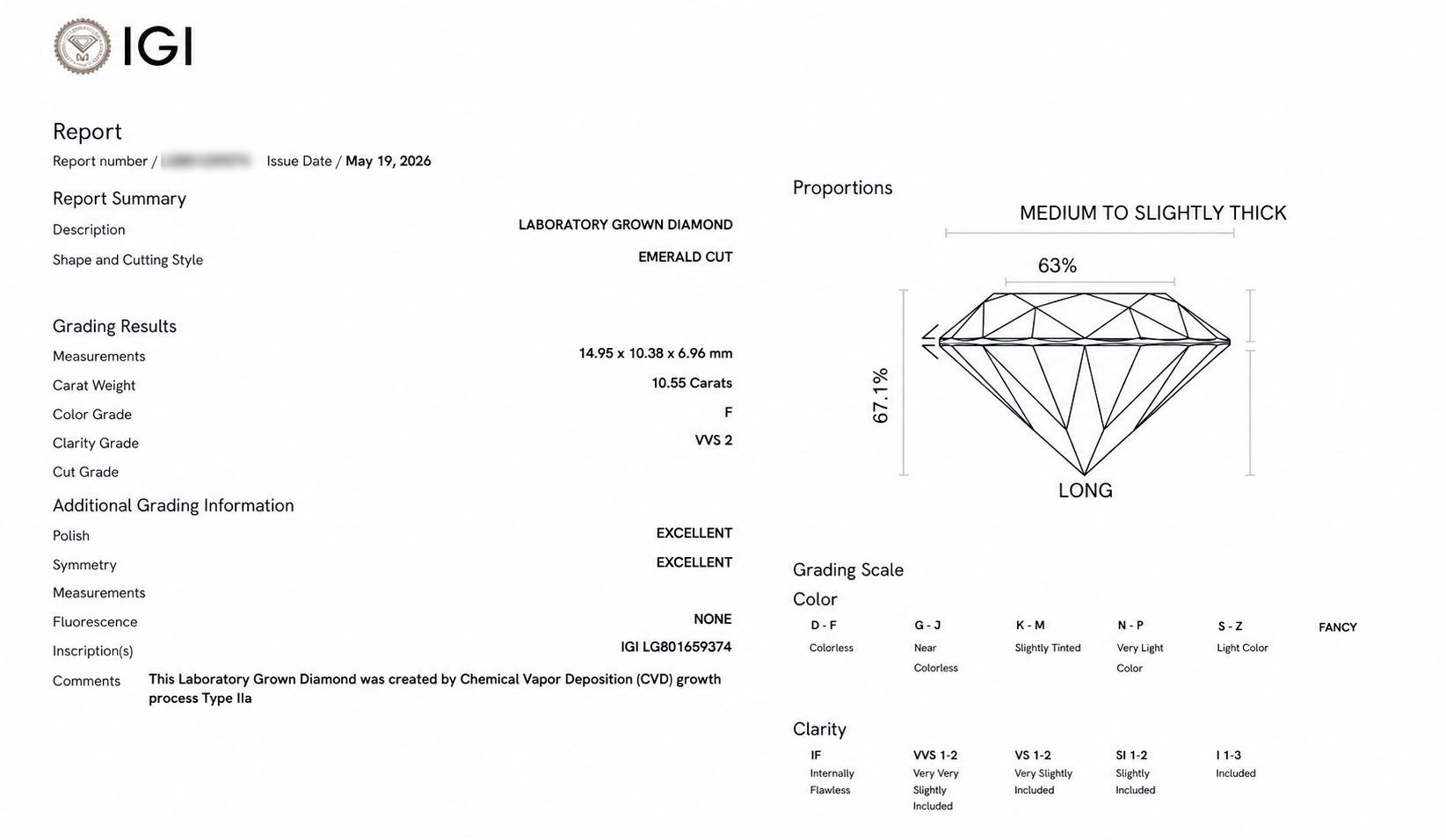 Emerald Cut IGI Certified Labgrown Diamond F VVS1