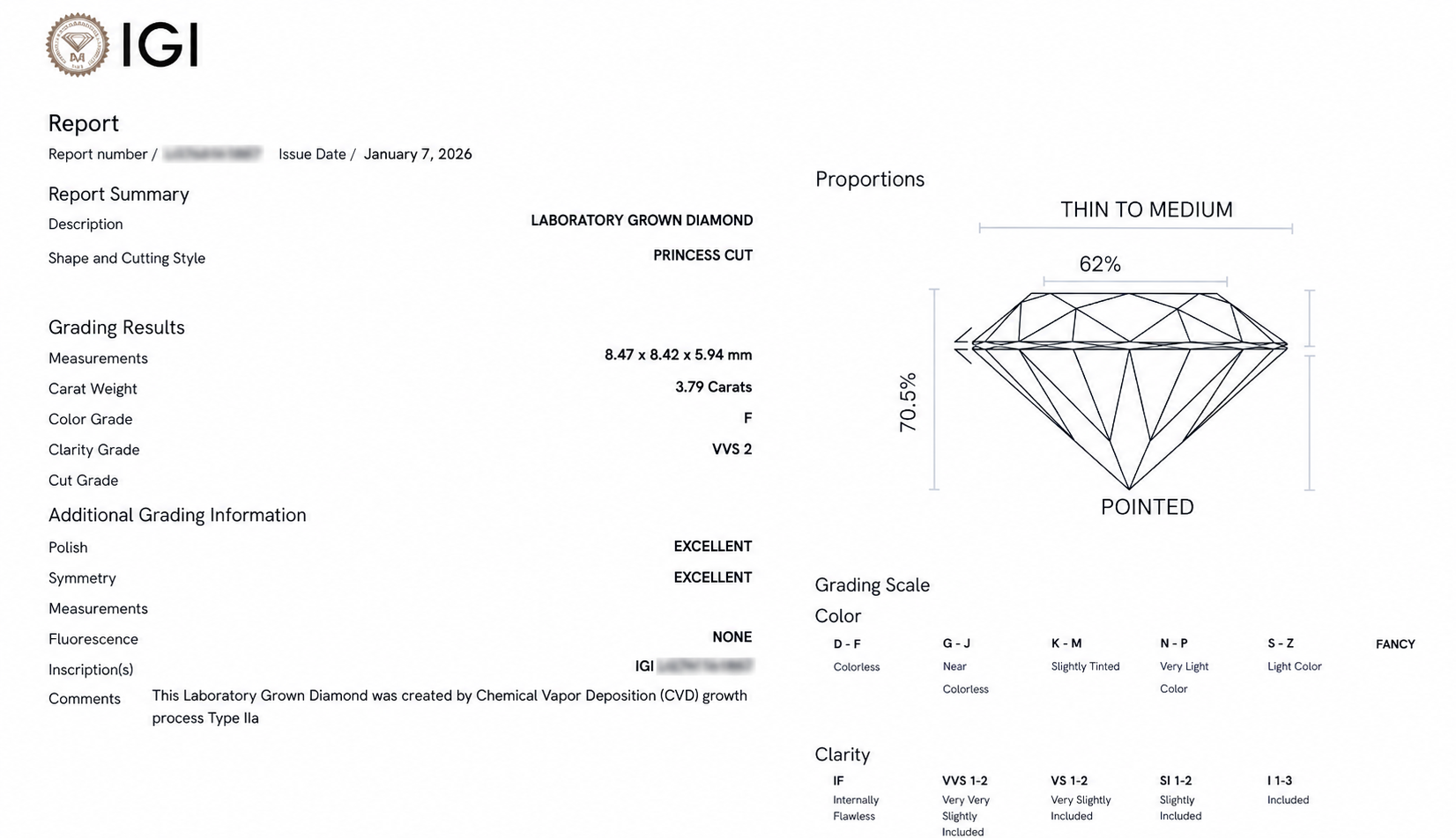 Princess Cut IGI Certified Labgrown Diamond F VVS1