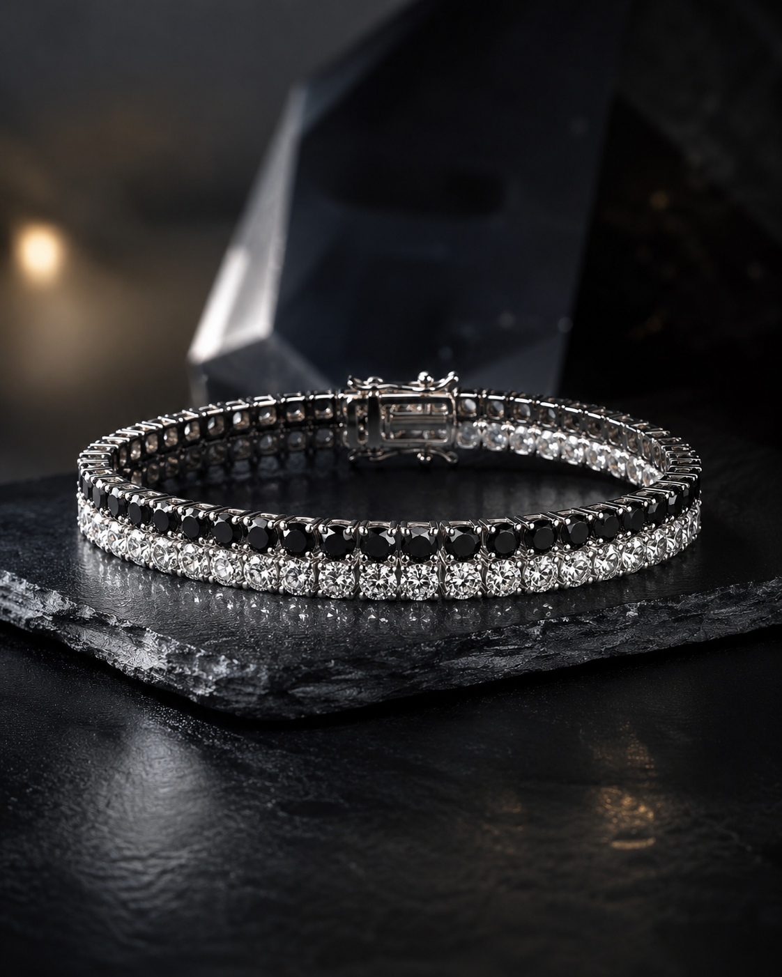18KT White Gold Plated Black & White Eternity Duo Moissanite Tennis Bracelet