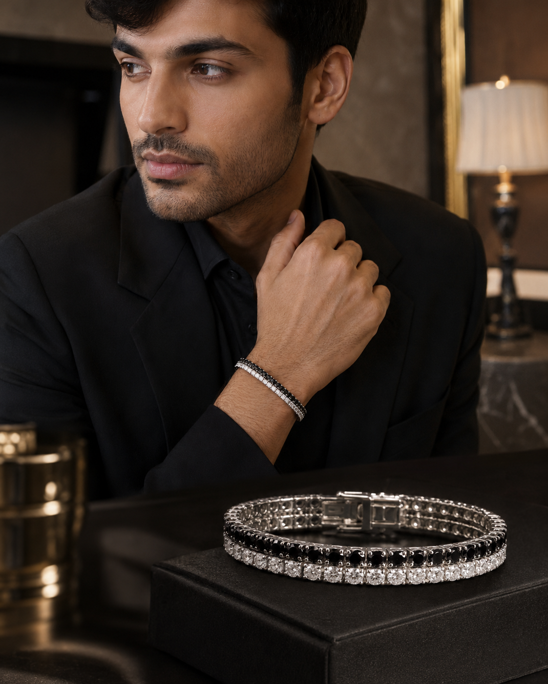 18KT White Gold Plated Black & White Eternity Duo Moissanite Tennis Bracelet